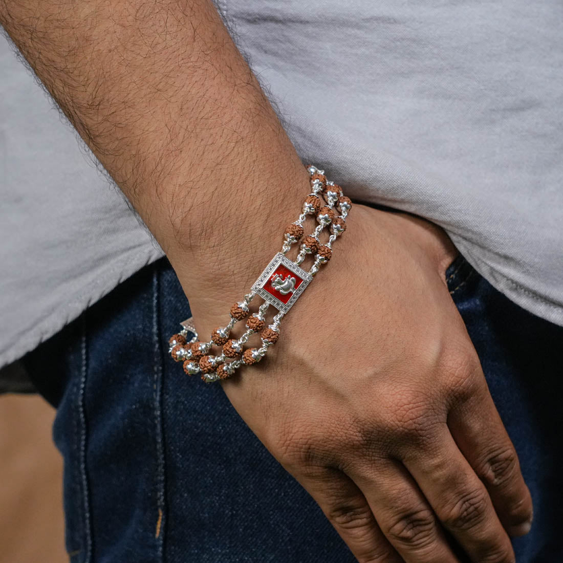 Prinjal Jewellers Rudraksha Silver Ganesh in Red Triple Line Bracelet - view 3