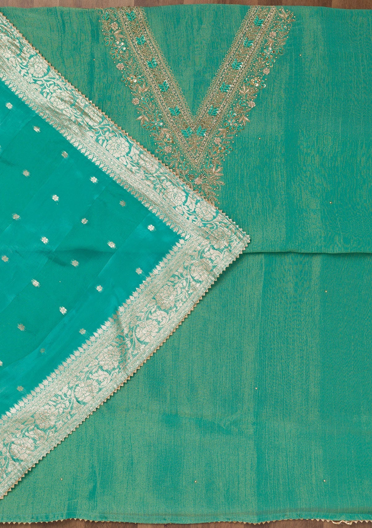 Koskii Sea Green Zariwork Raw Silk Unstitched Salwar Suit - view 3