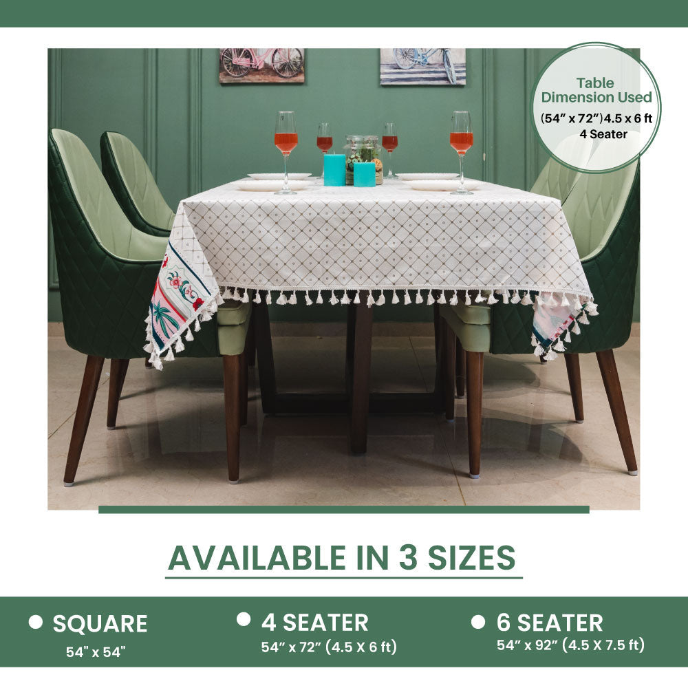 Urban Space Home Furnishing 100% Cotton Dining Table Cover, Printed Cotton Table Cloth with Boho Tassels - Hibiscus Bloom Border Pink - view 6