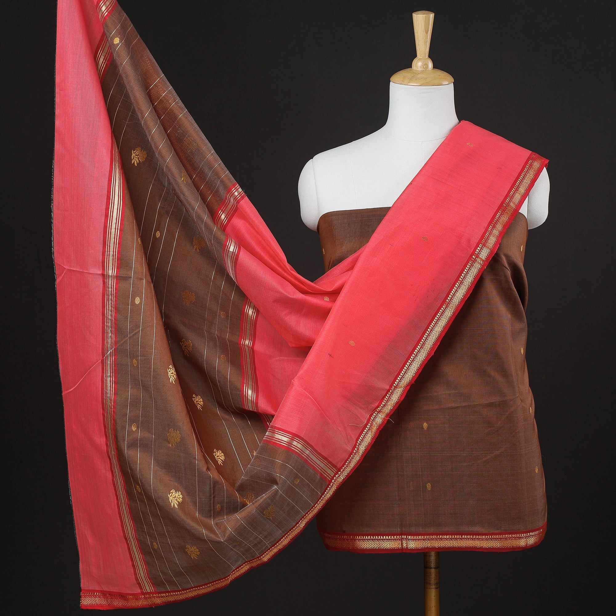 CHANDERI BY RAUPH KHAN Brown - 3pc Handloom Chanderi Silk Zari Buti Suit Material Set