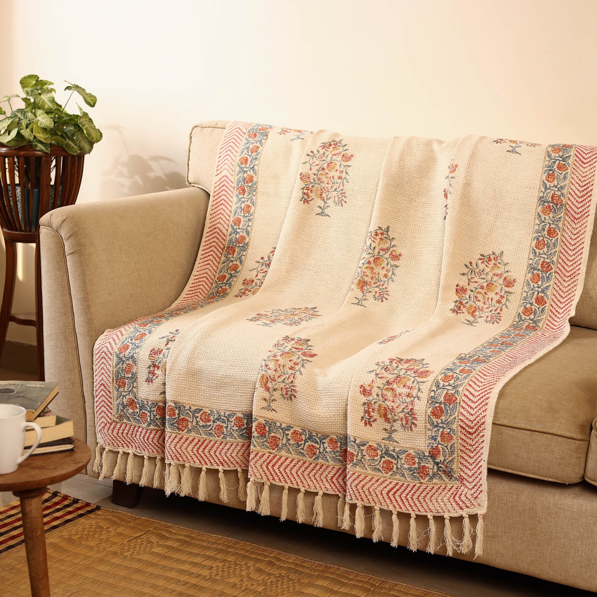 HAVELI CHRONICLES Beige - Sanganeri Print Cotton Sofa Throw (88 x 60 in) 16