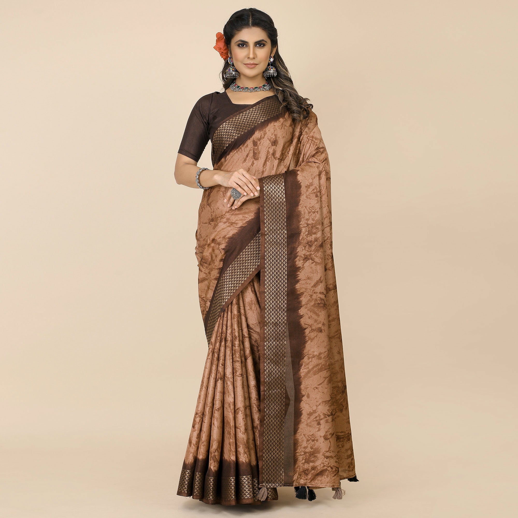 Peachmode Coffee Brown Printed Cotton Silk Saree With Zari Border - view 2