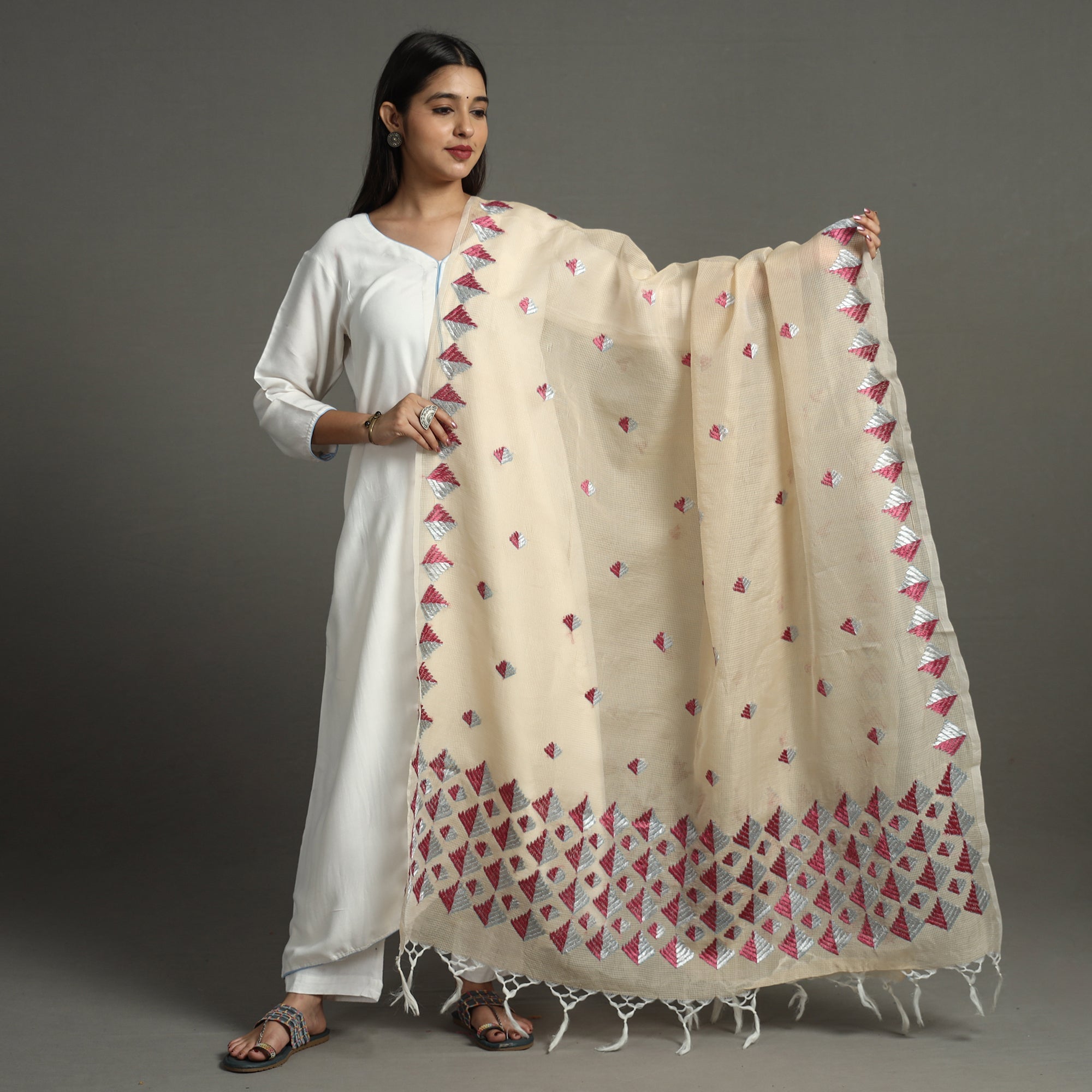 ITOKRI CRAFTS INITIATIVE Beige - Phulkari Hand Embroidery Kota Doria Chanderi Silk Dupatta with Tassels 20