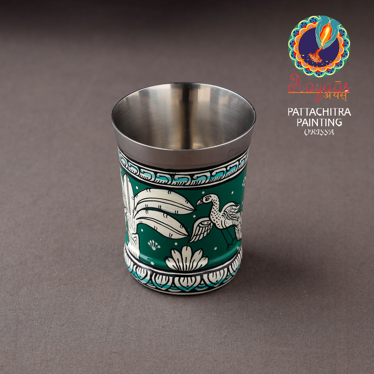 AAYAAS Green - Odisha Pattachitra Handpainted Stainless Steel Glass