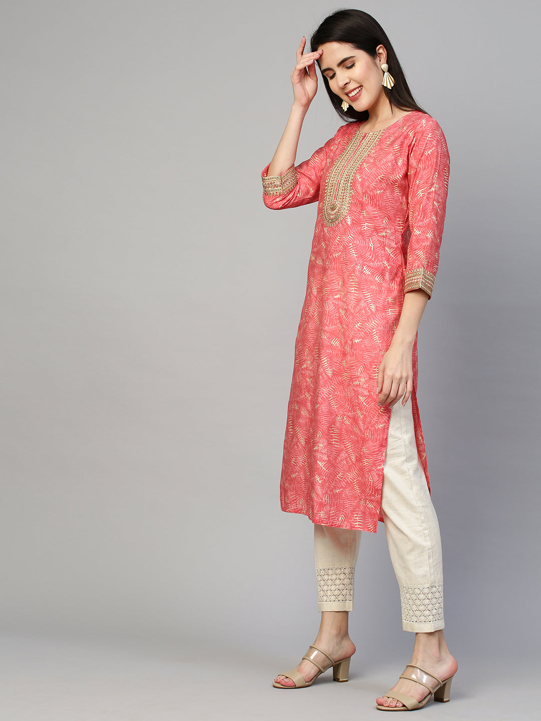 Fashor Ethnic Printed & Embroidered Kurta - Peach - view 3
