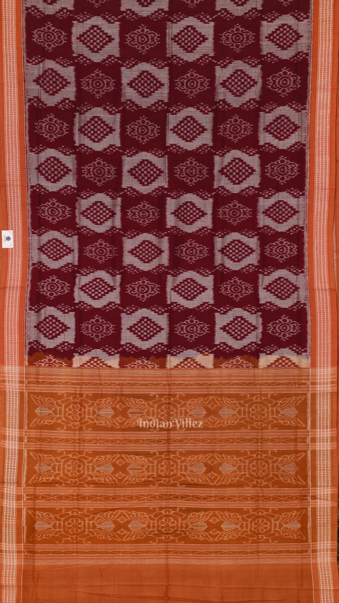 IndianVillèz Maroon Orange Pasapali Odisha Sambalpuri Pure Cotton Saree