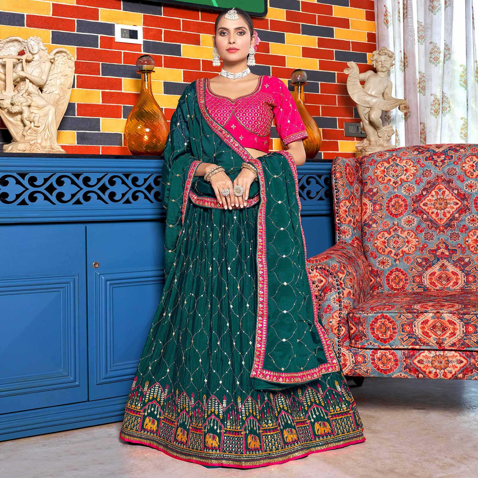 Peachmode Deep Sea Green Sequins Embroidered Chiffon Lehenga Choli - view 2