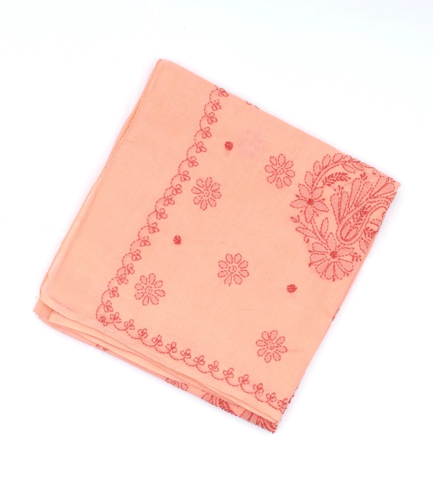 RmKV Peach Chikankari Embroidered Cotton Saree With Floral Motifs