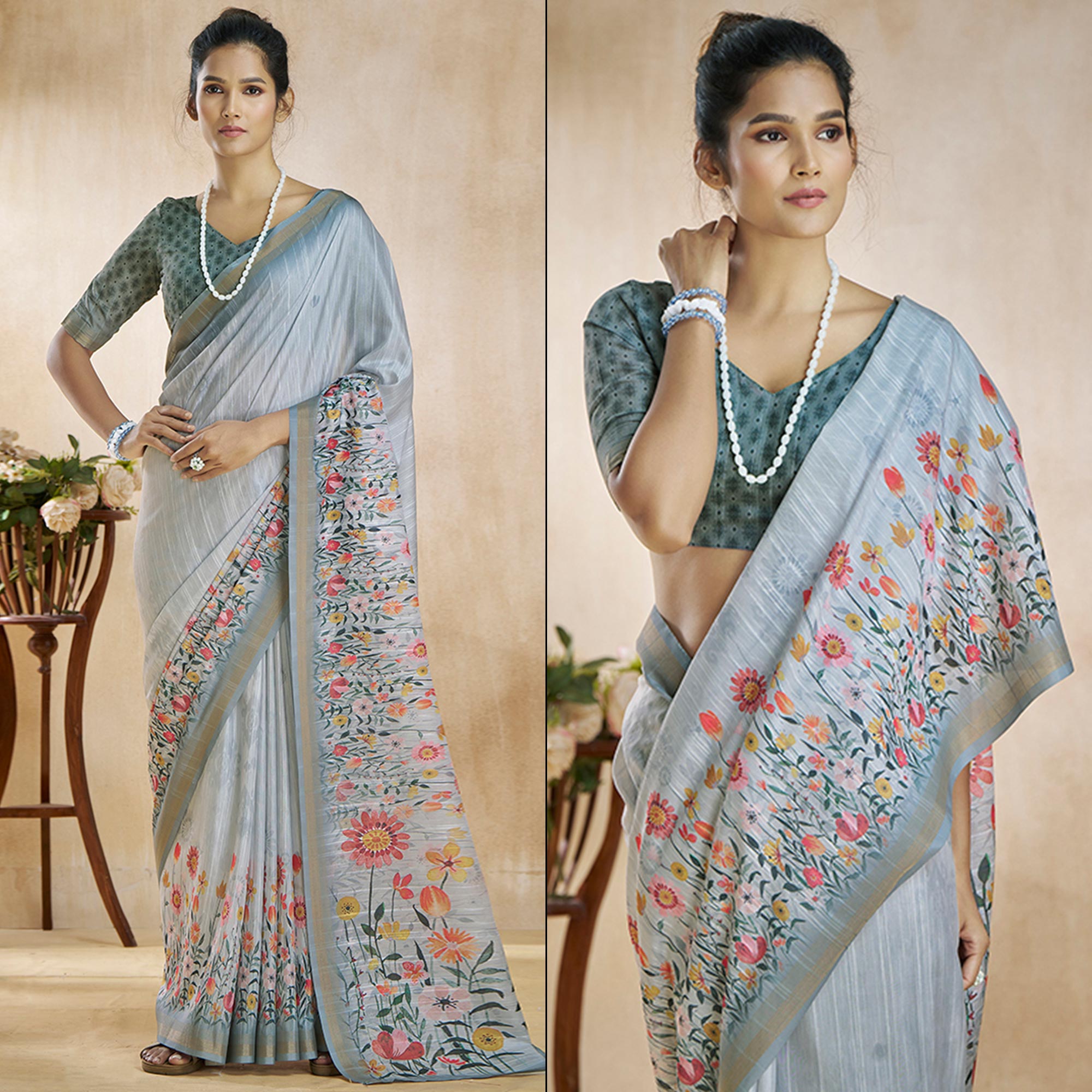 Grey sarees – BlackTree grey-floral-digital-printed-pure-silk-saree