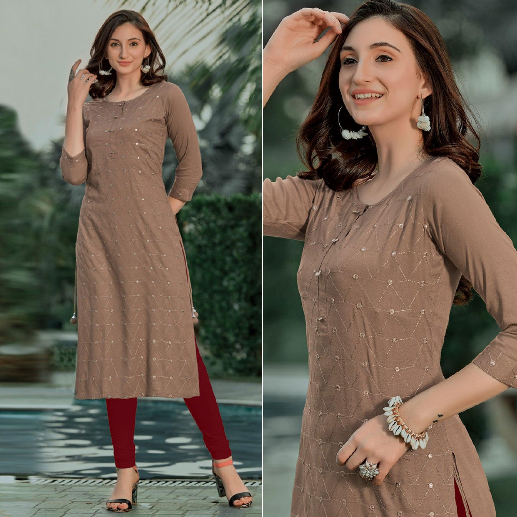 Peachmode Seller Brown Embellished With Embroidered Cotton Kurti