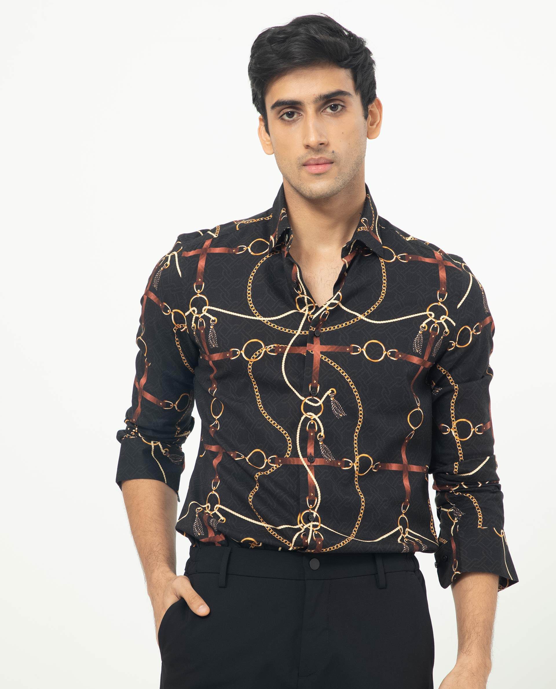 Rare Rabbit Men's Savor Black Cotton Viscose Fabric Geometric Print Full Sleeves Shirt
