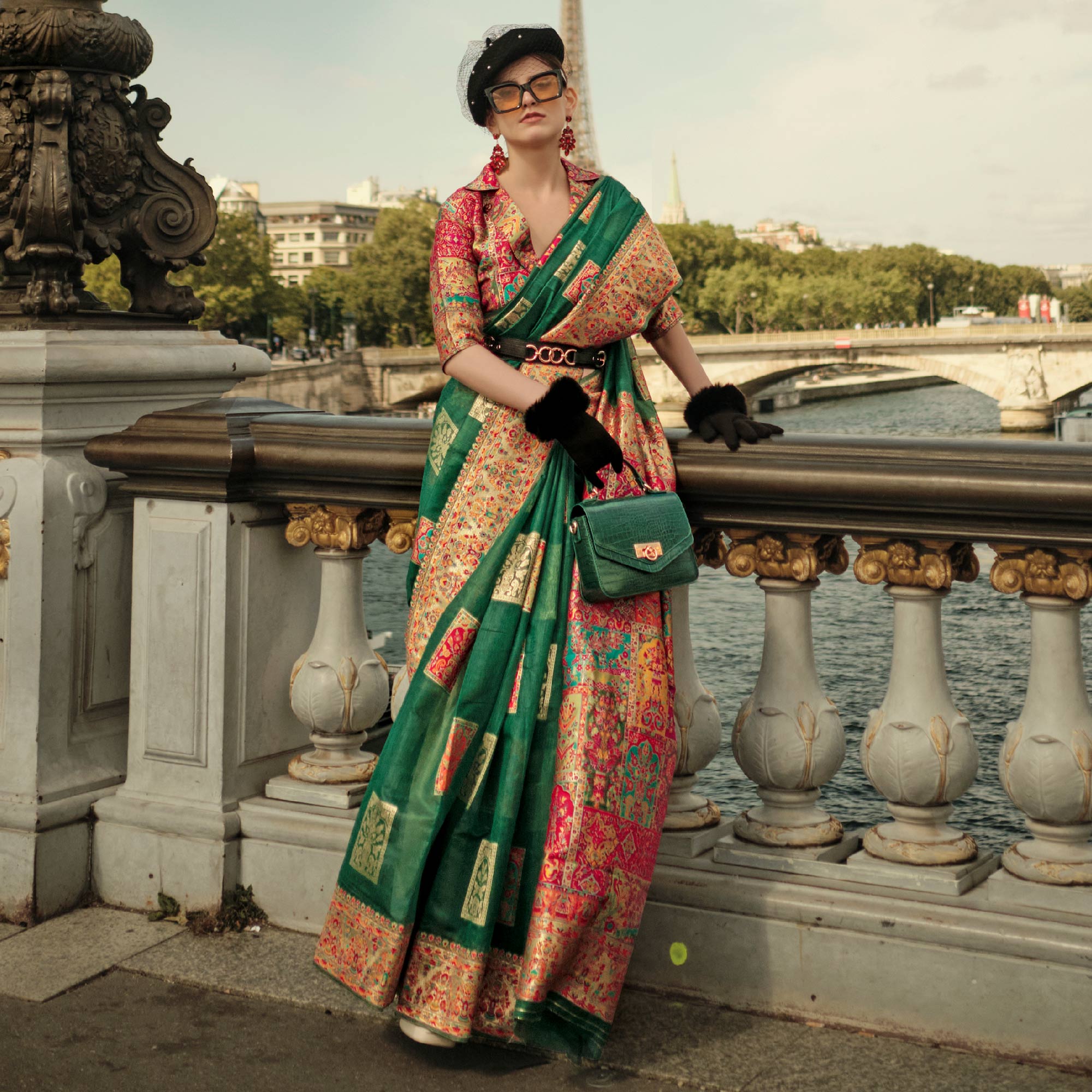 Peachmode Dark Green Floral Embroidered Woven Chanderi Silk Saree - view 3