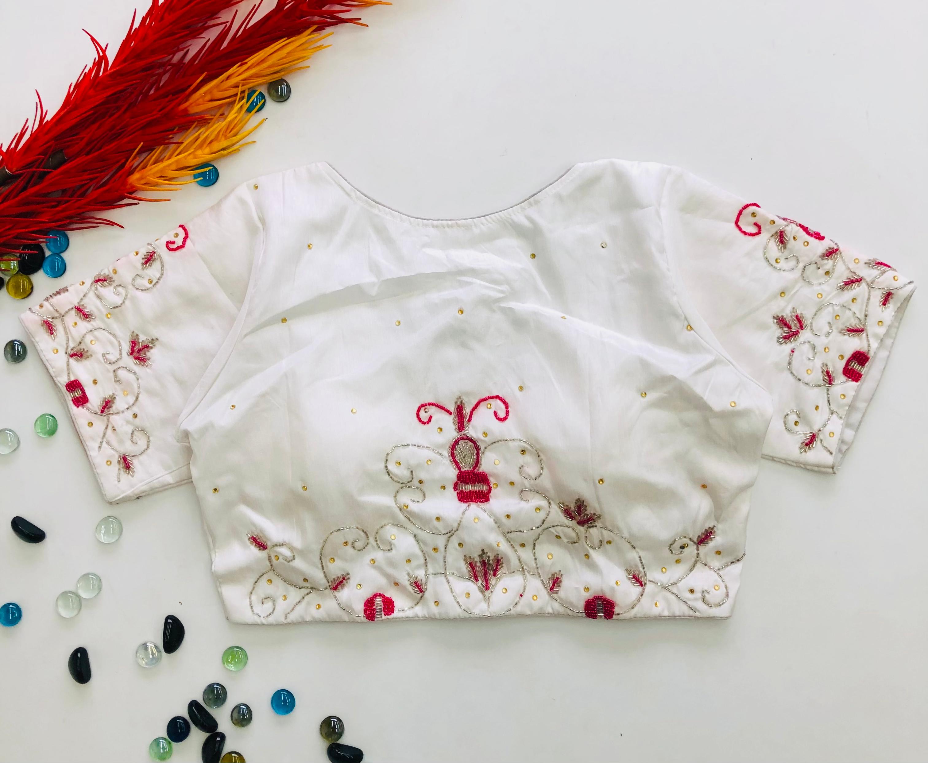 ClothsVilla White Pearl Embroidered Keri Silk Party Wear Blouse