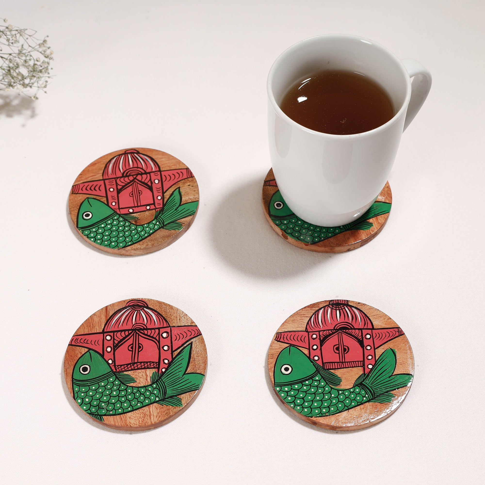 ITOKRI CRAFTS INITIATIVE Bengal Patua Handpainted Akashmoni Wooden Coasters (Set of 4)