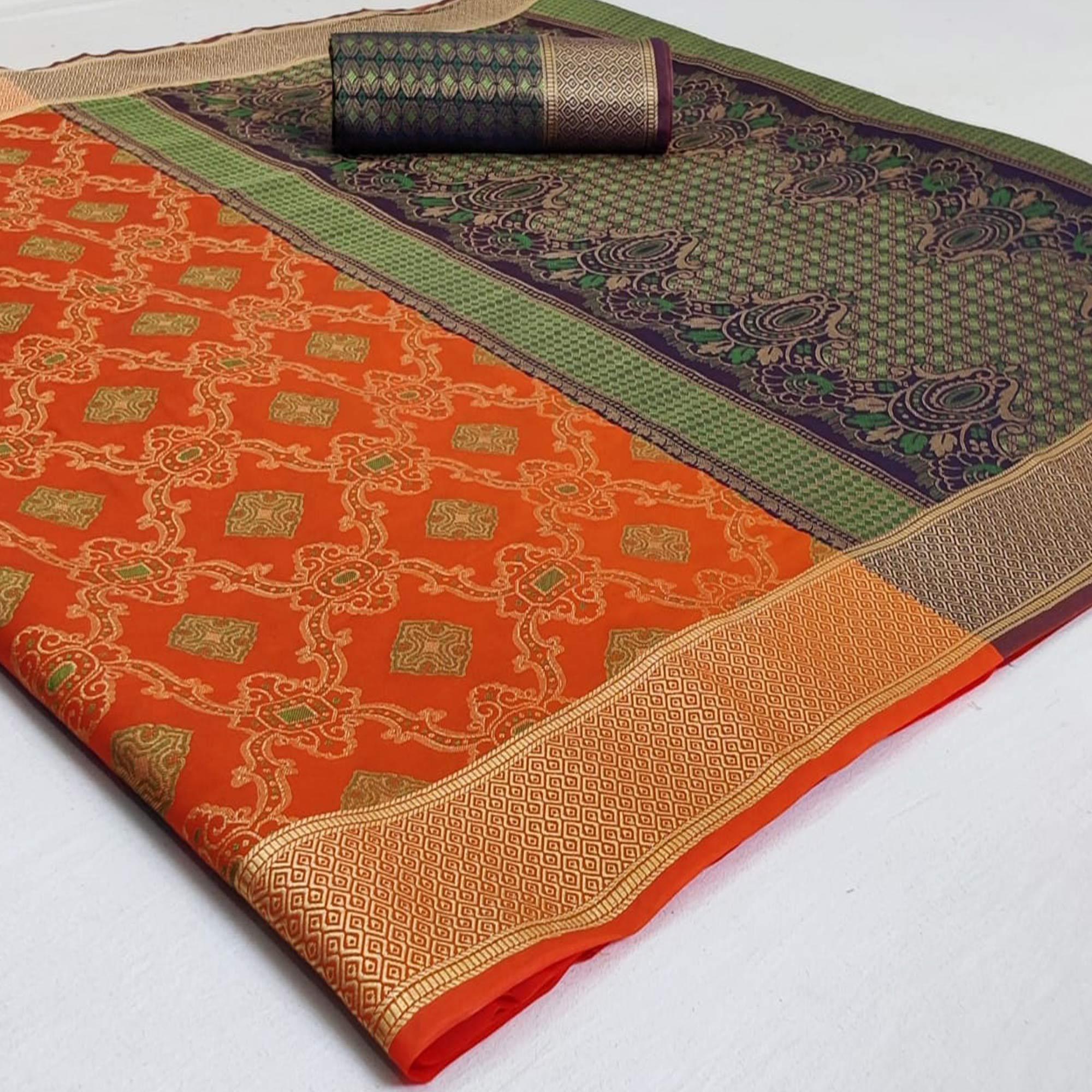 Peachmode Breathtaking Orange Colored Festive Wear Woven Silk Saree