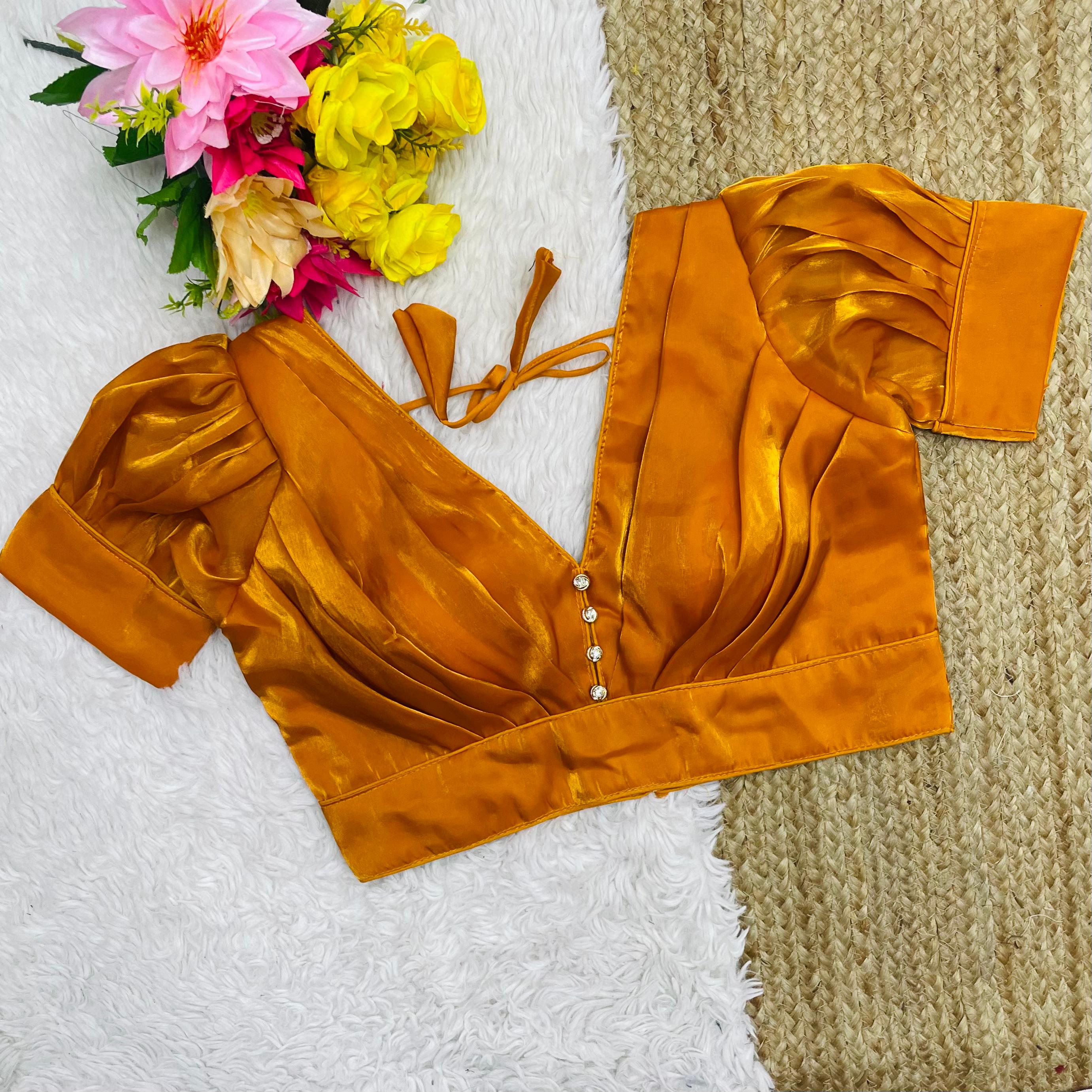 ClothsVilla Orange Glamorous Ruffled Metallic Jimmy Choo Blouse