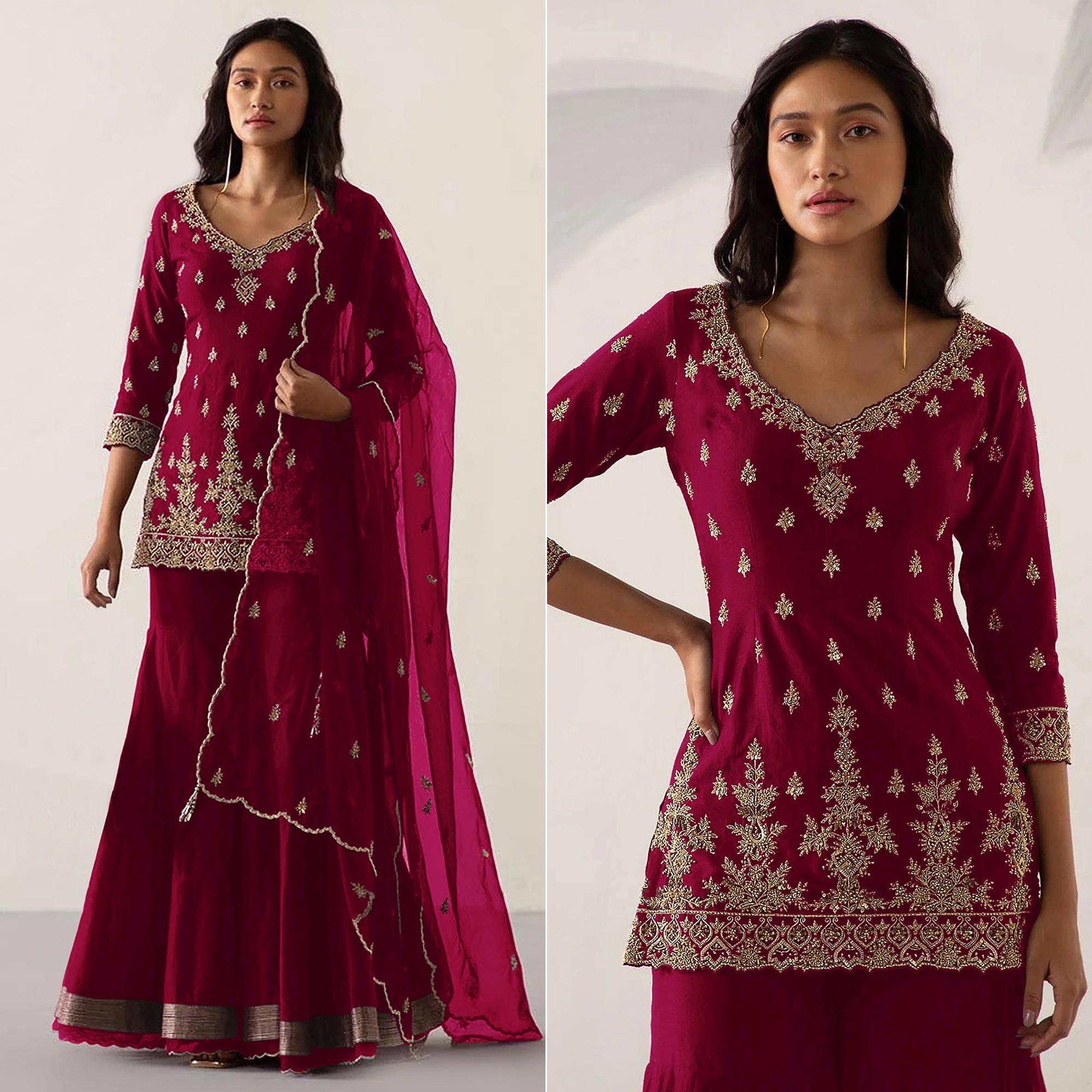 Peachmode Maroon Embroidered Georgette Sharara Suit