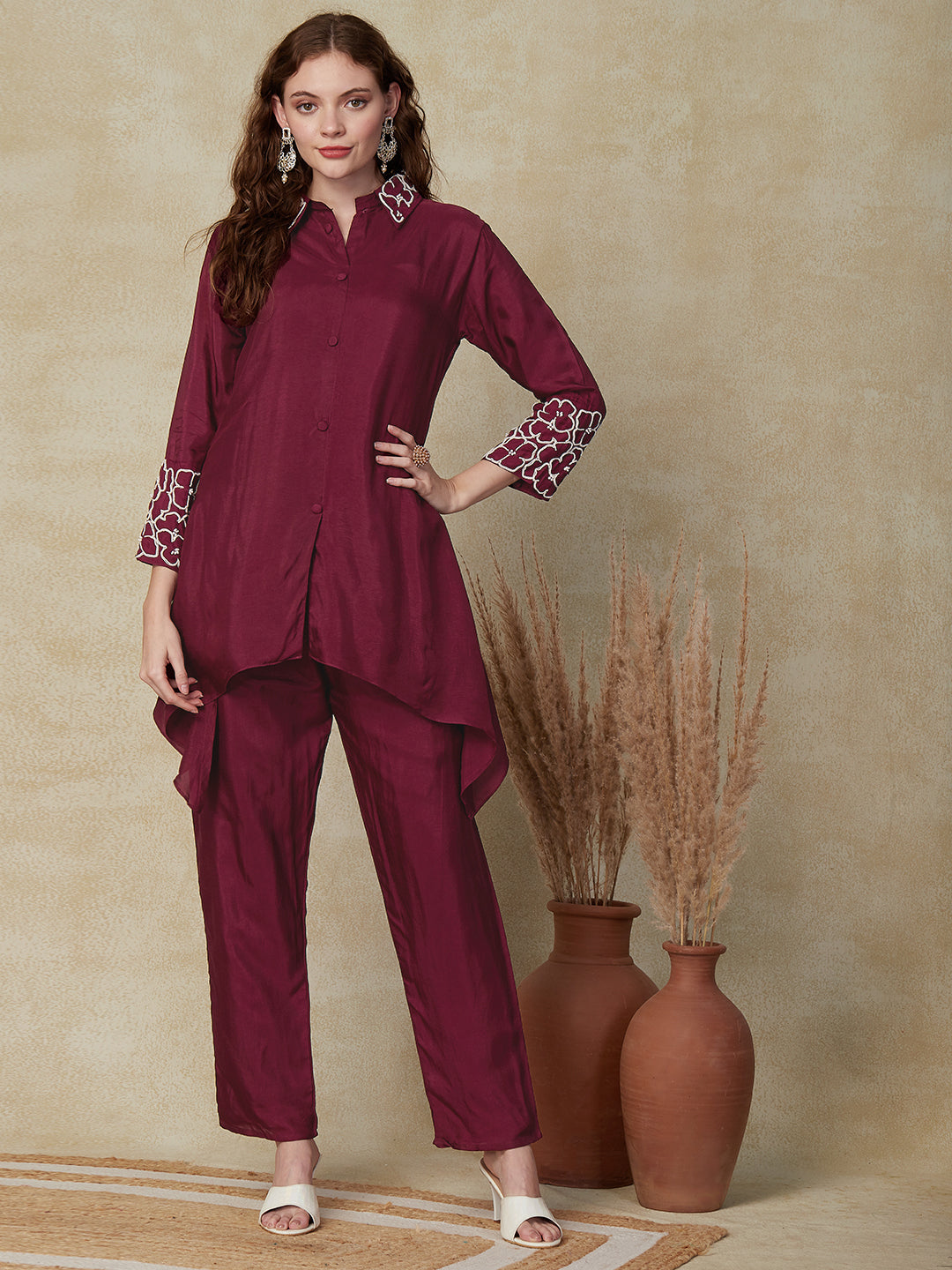 Fashor Solid Floral Embroidered Asymmetric Kurta with Pant - Deep Purple