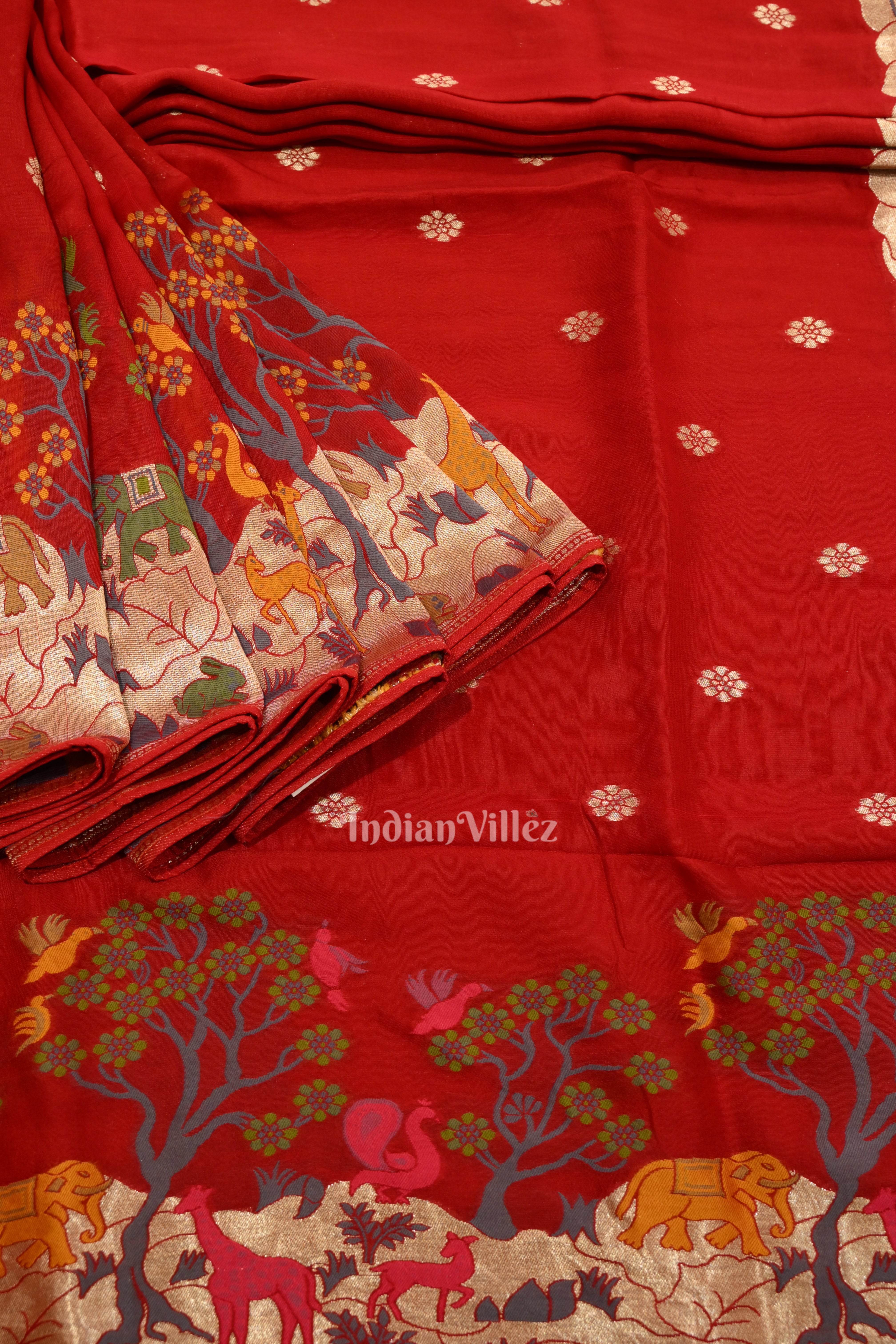 IndianVillèz Deep Red Shikargah Theme Tussar Banarasi Handloom Silk Saree