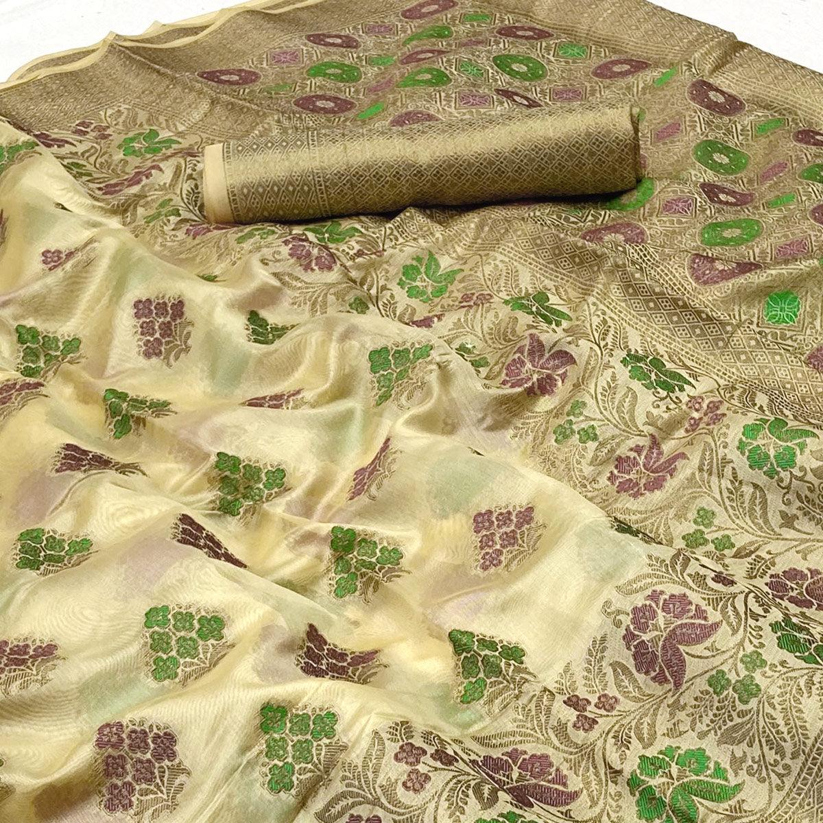 Peachmode Chikoo Woven Organza Saree – Women's - view 2