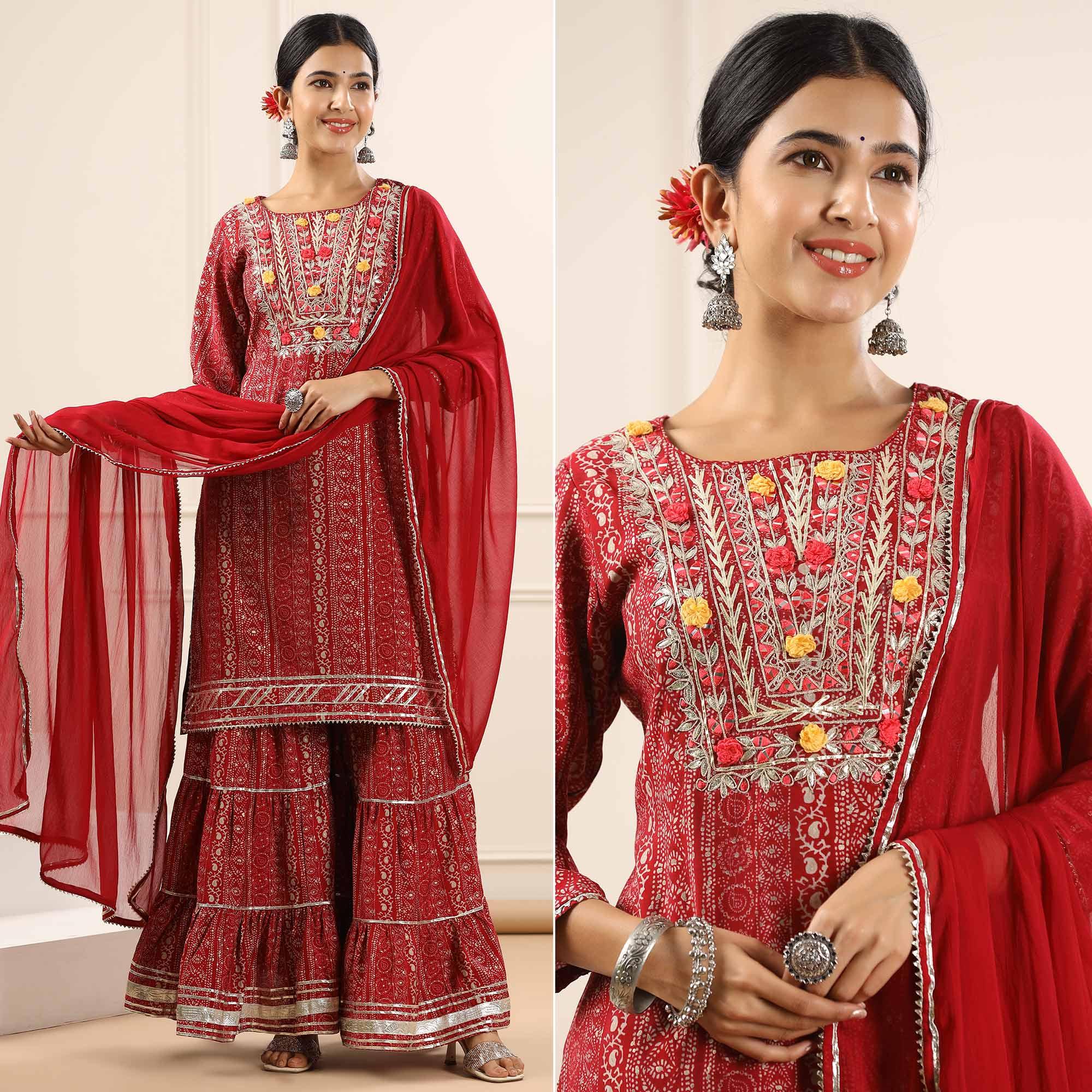 Peachmode Maroon Printed With Embroidered Muslin Sharara Suit