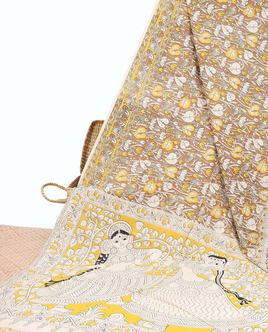 Pothys Brown floral machine-printed kalamkari cotton saree, floral creeper border & contrast human figurines pallu