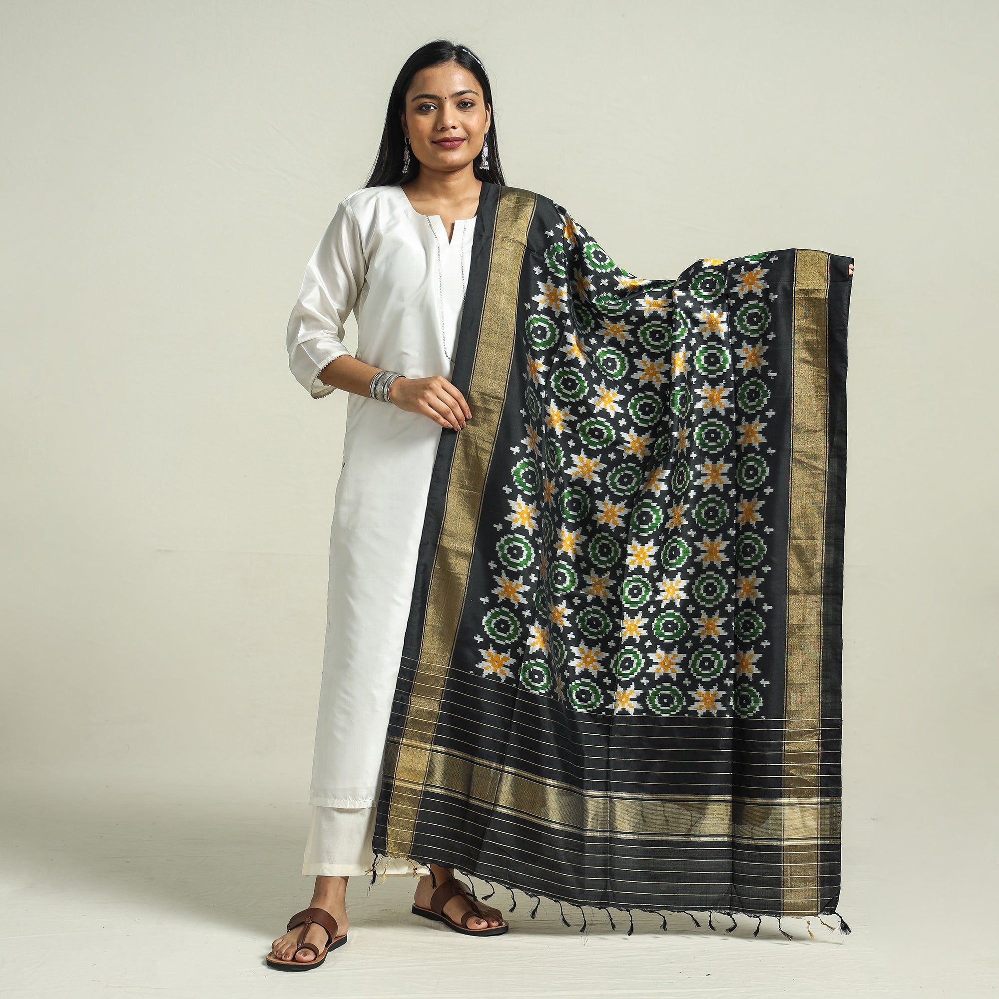 IKAT WEAVES BY EDEM CHANDANA Black - Handwoven Pochampally Ikat Pure Mulberry Silk Dupatta with Tassels