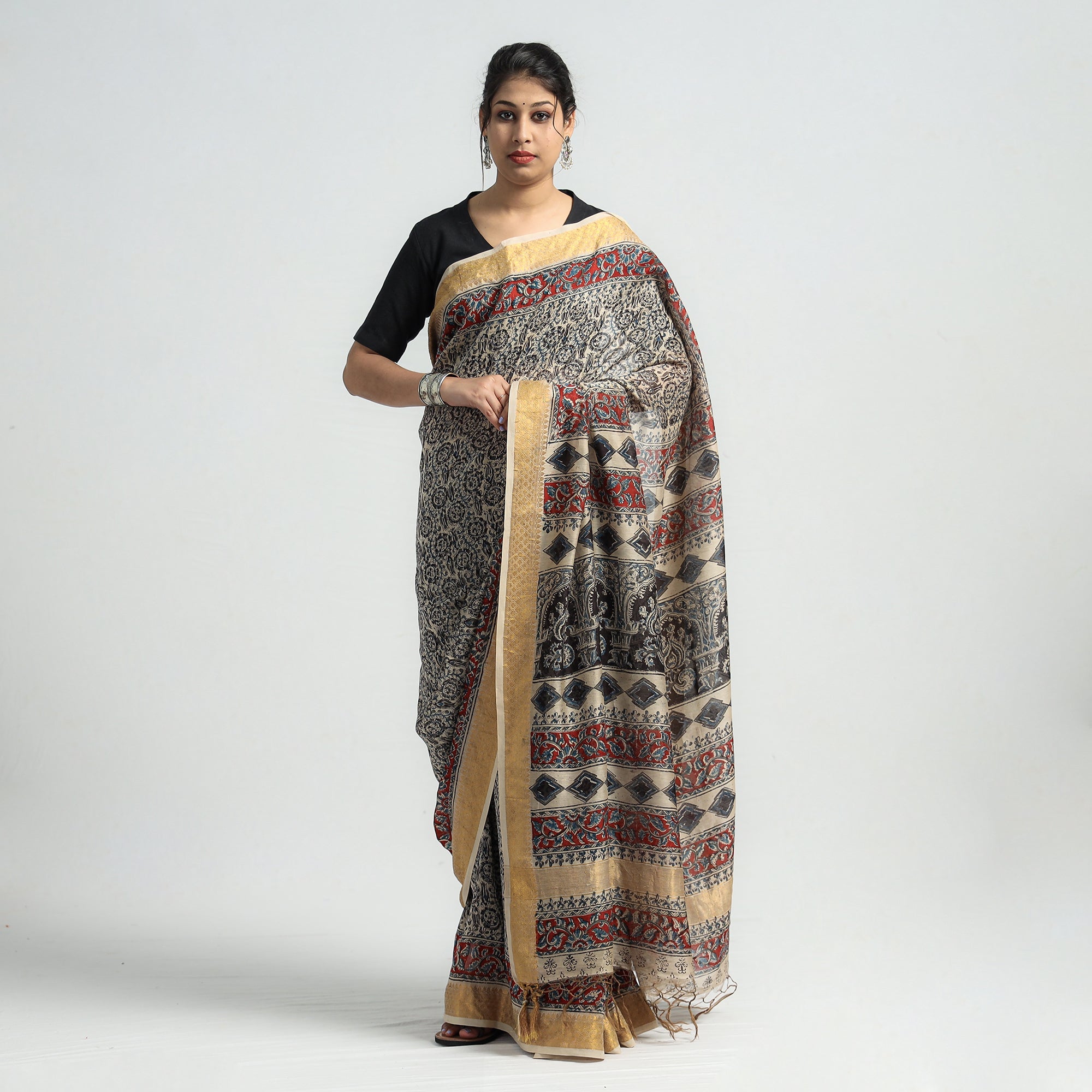 VENKATA BHANU KALAMKARI PEDANA Black - Original Pedana Kalamkari Block Print Silk Saree