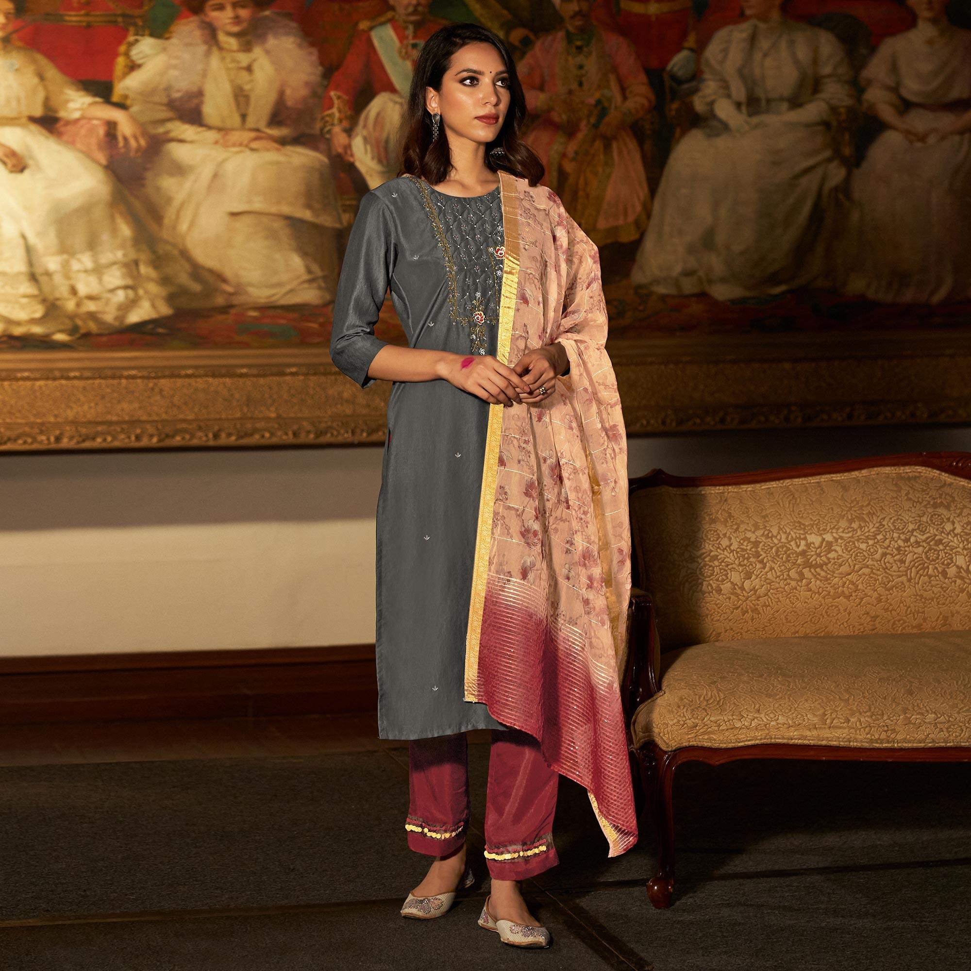 Peachmode Grey Partywear Embroidered Pure Viscose Silk Suit