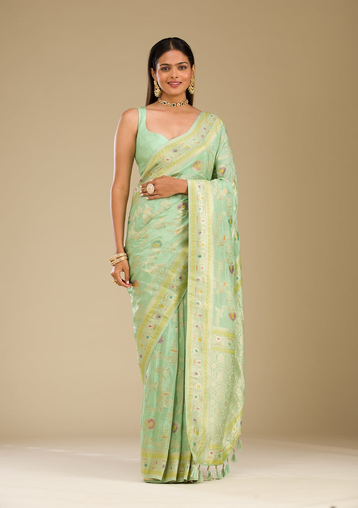 Koskii Pista Green Zariwork Banarasi Silk Saree - view 6