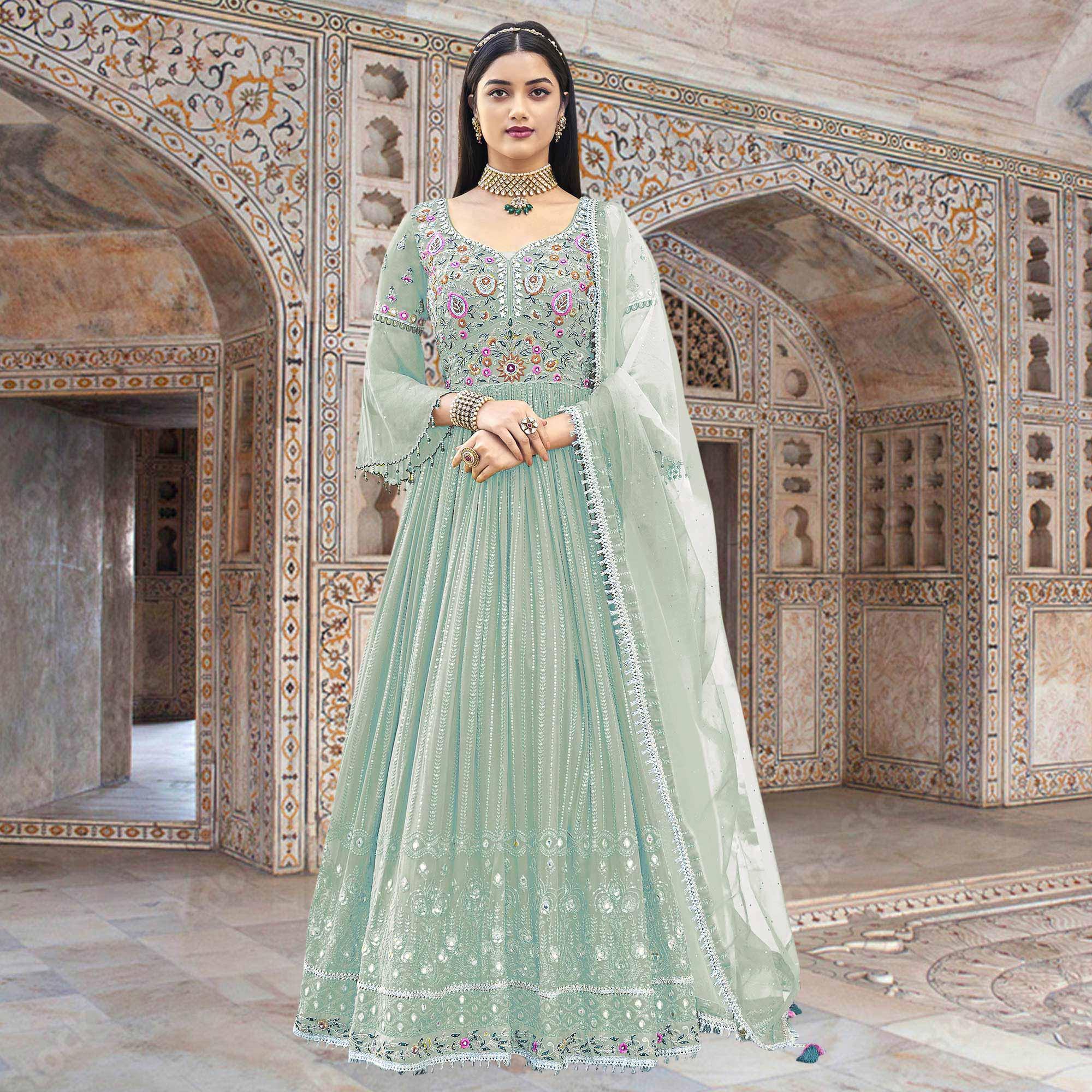 Peachmode Light Blue Embroidered With Embellished Georgette Anarkali Style Gown - view 2