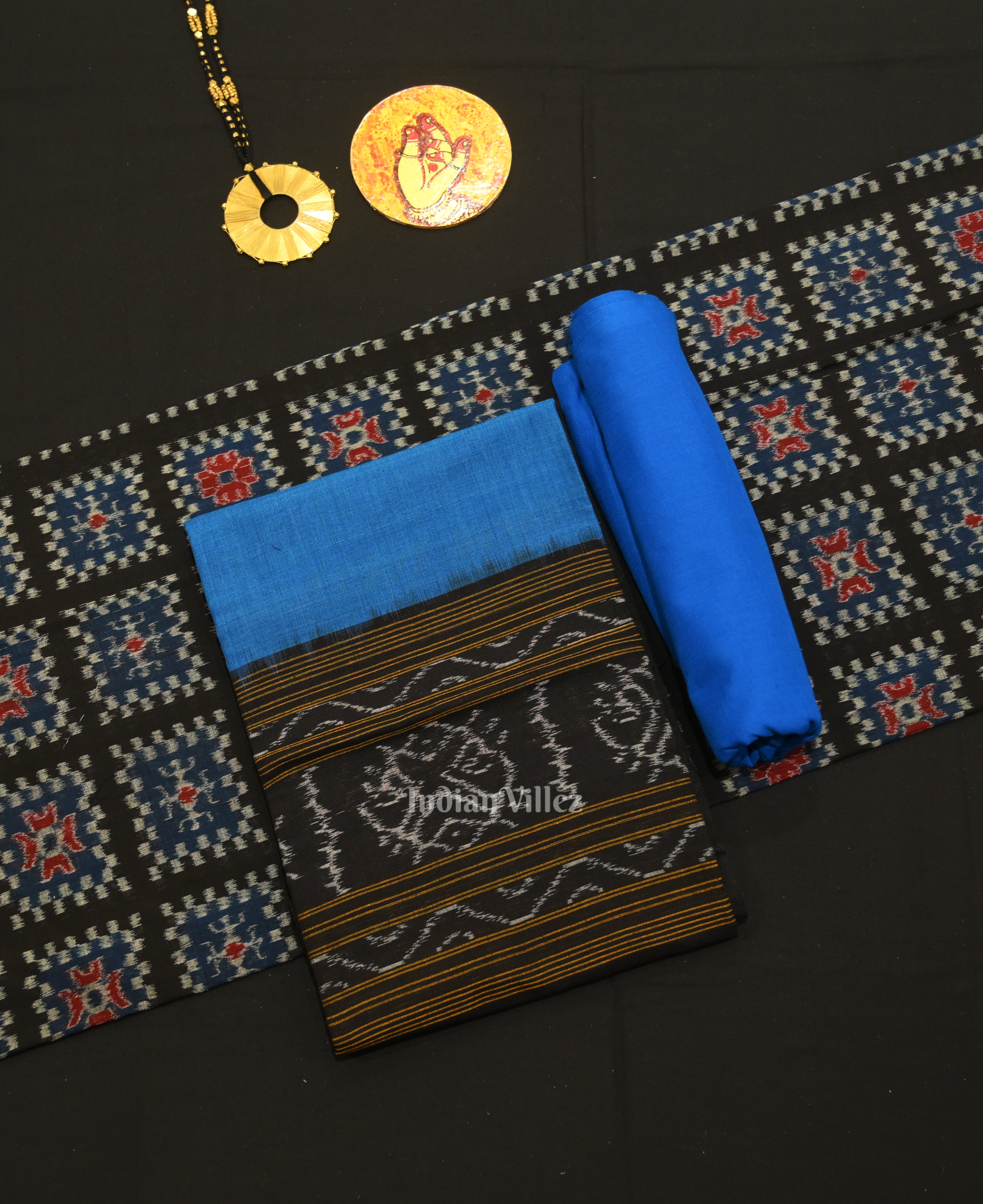 IndianVillèz Black Blue Odisha Ikat Sambalpuri Dress Set & Dupatta