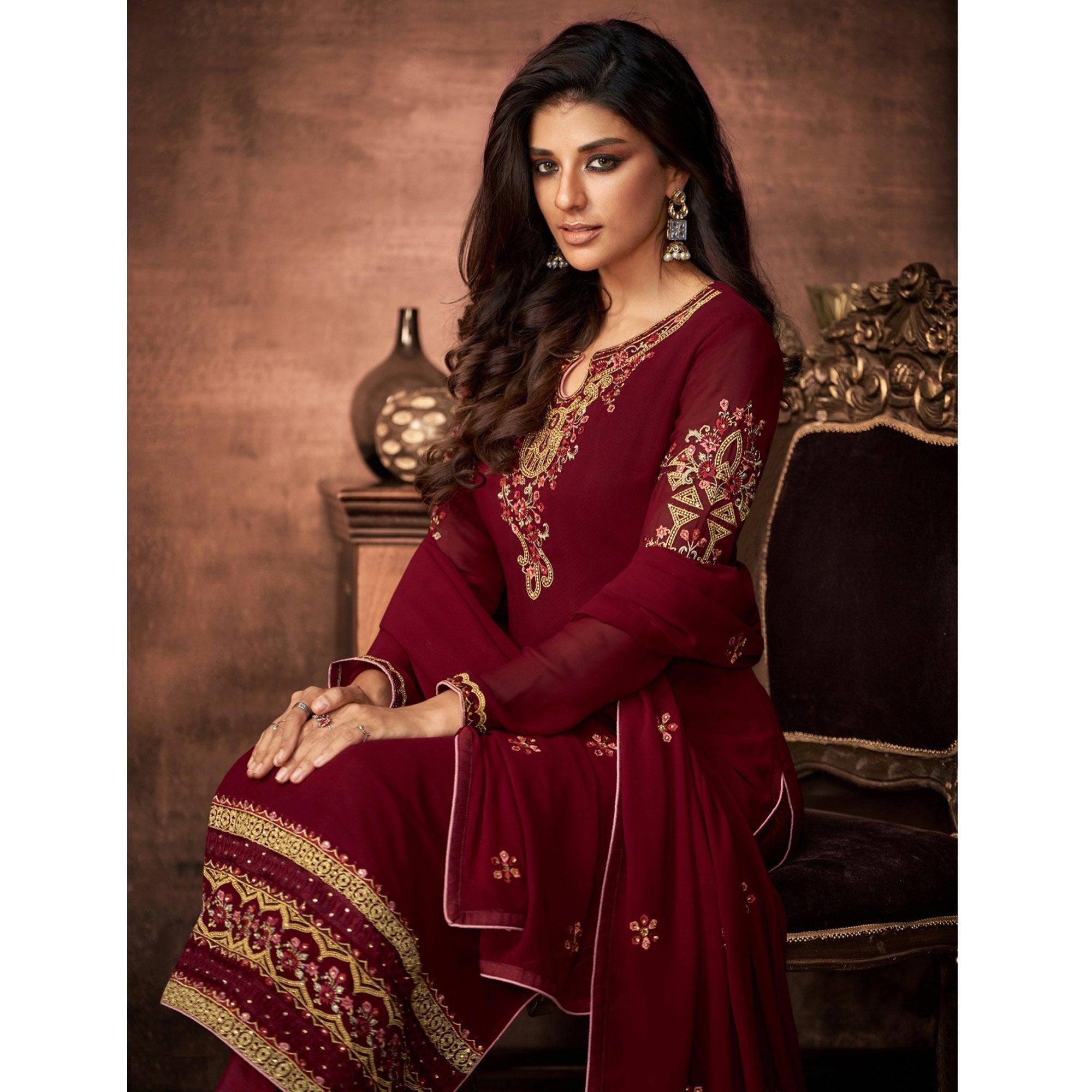 Peachmode Maroon Embroidered With Embellished Georgette Salwar Suit - view 2