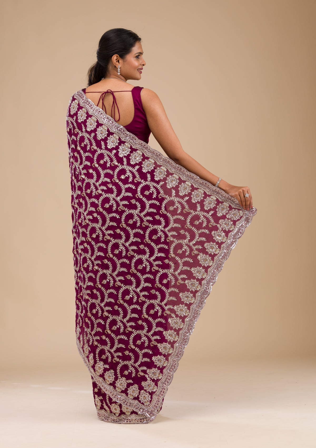Koskii Wine Zariwork Georgette Saree – Women's - view 2