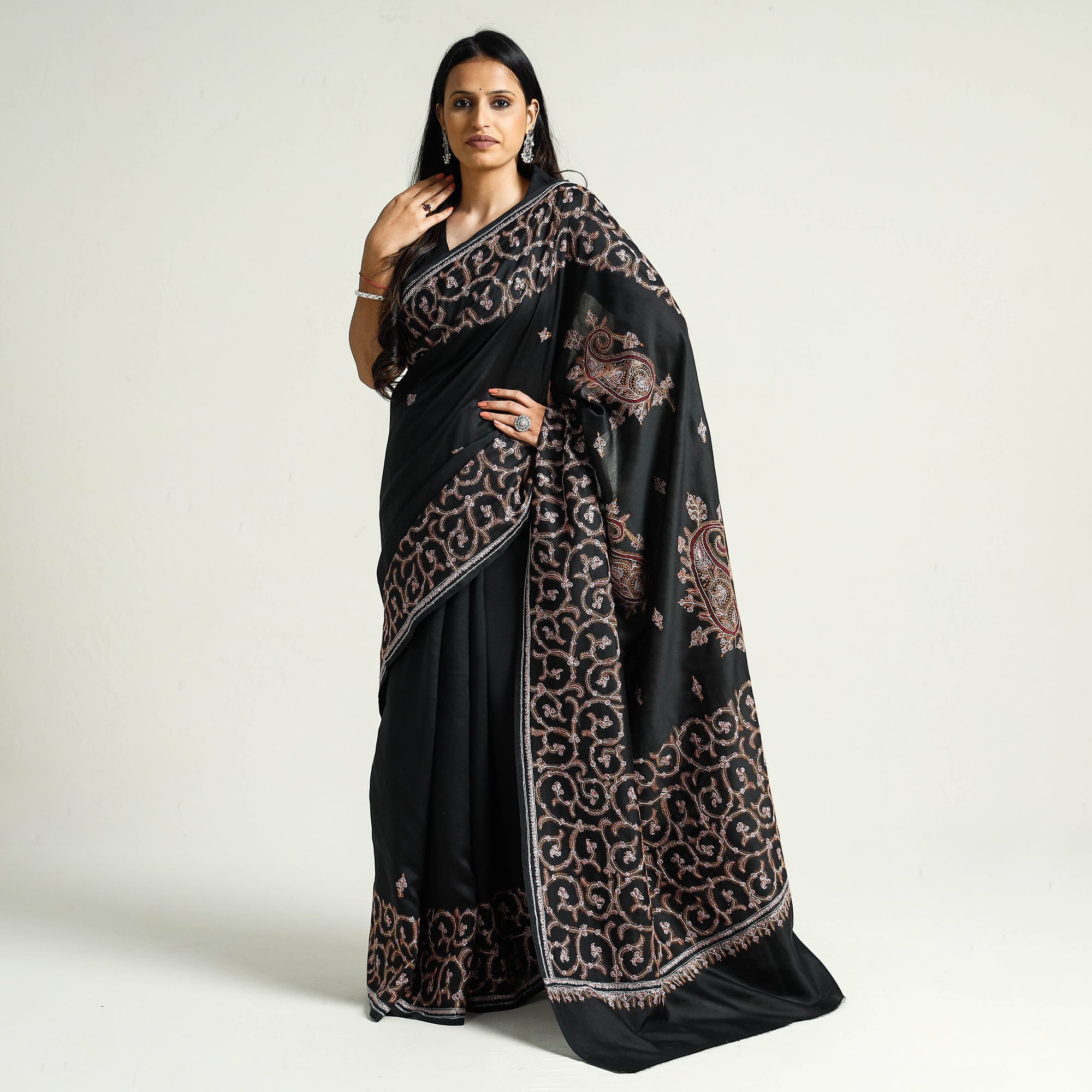 ITOKRI CRAFTS INITIATIVE Black - Kashidakari Hand Embroidery Chanderi Silk Saree with Zari Border
