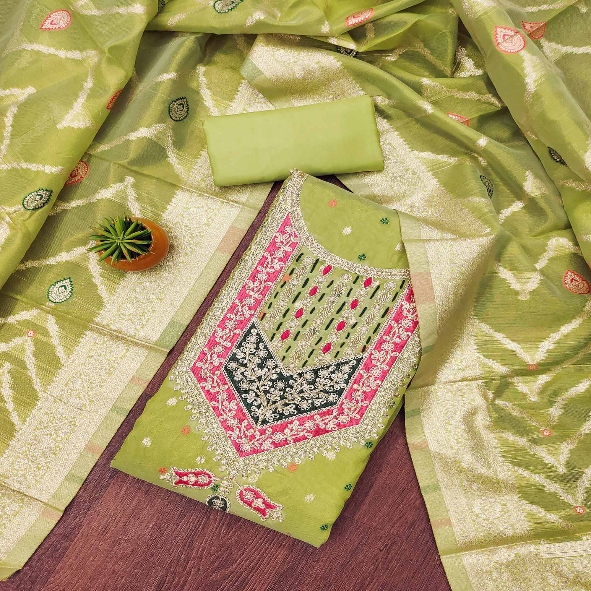 Peachmode Parrot Green Sequins Embroidered With Woven Chanderi Silk Dress Material