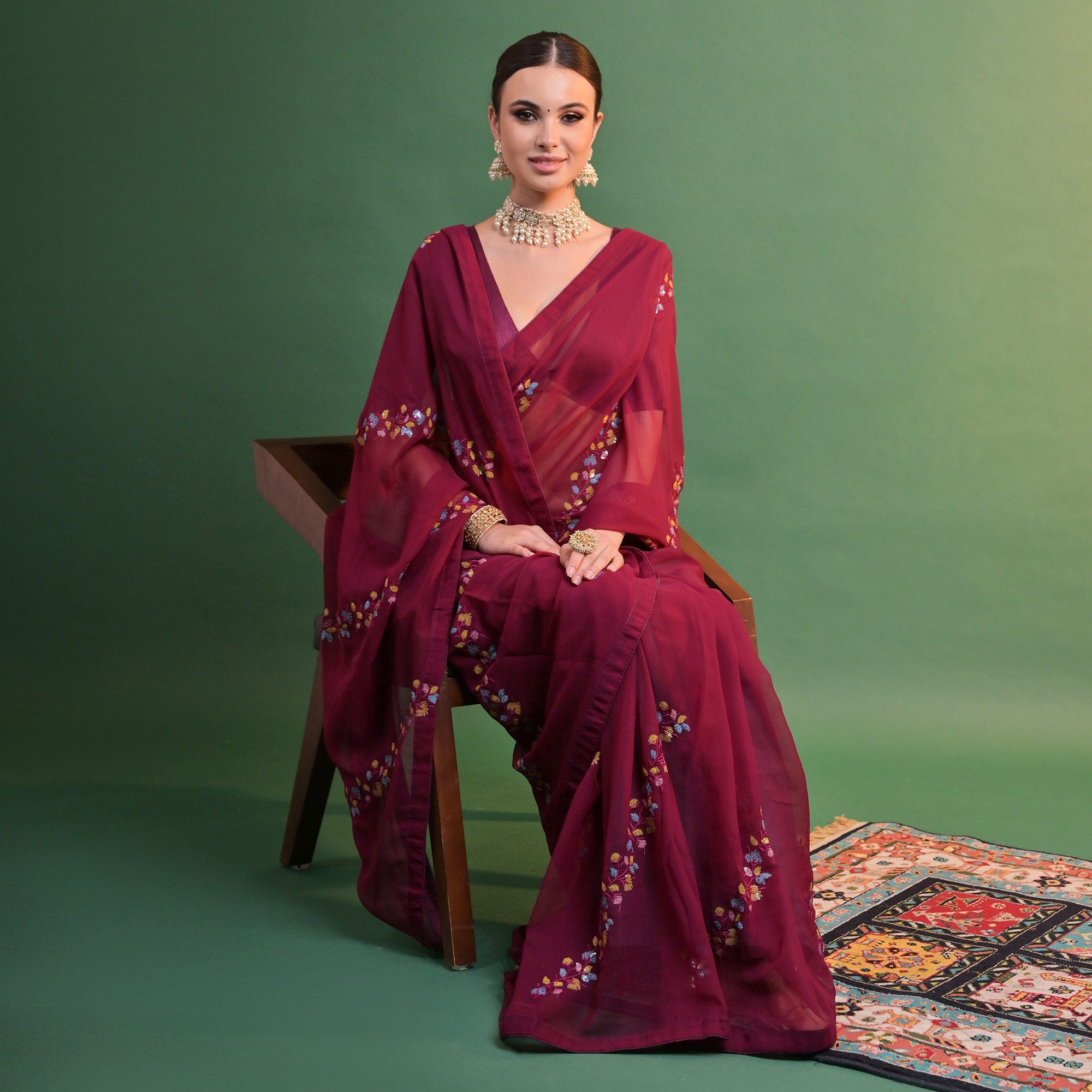 Peachmode Maroon Floral Sequins Embroidered Georgette Saree - view 5