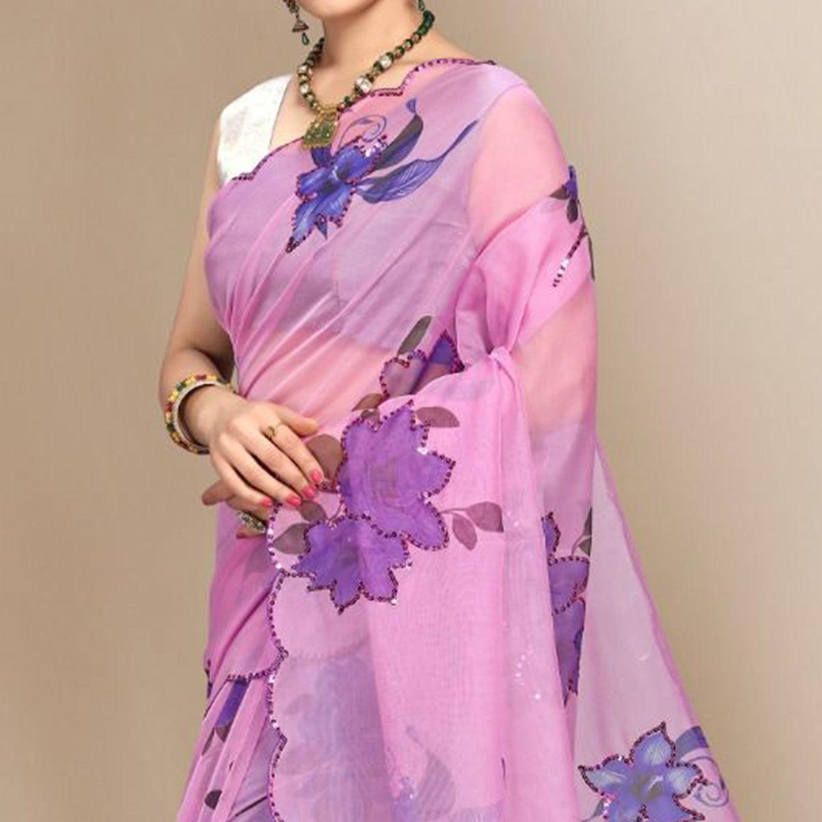 Peachmode Light Pink Partywear Sequins & Printed Organza Saree - view 2