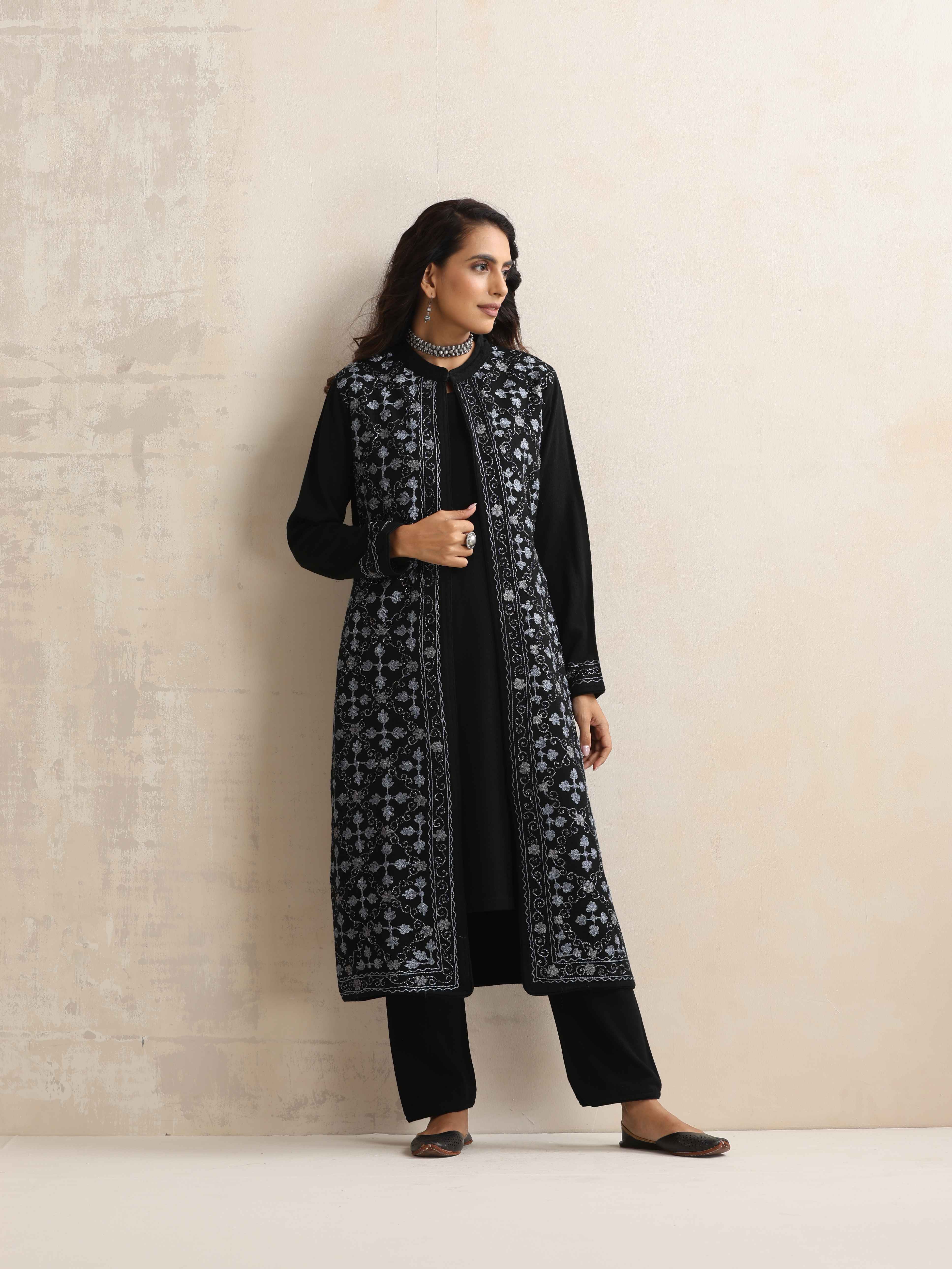 trueBrowns Black Kashmiri Woollen Jacket 3pc Set - view 2