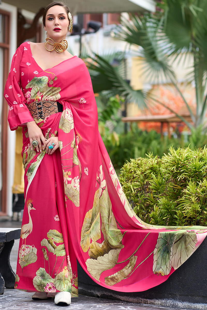 Rajpath Devastating Dark Pink Digital Printed Georgette Saree With Fancifull Blouse Piece