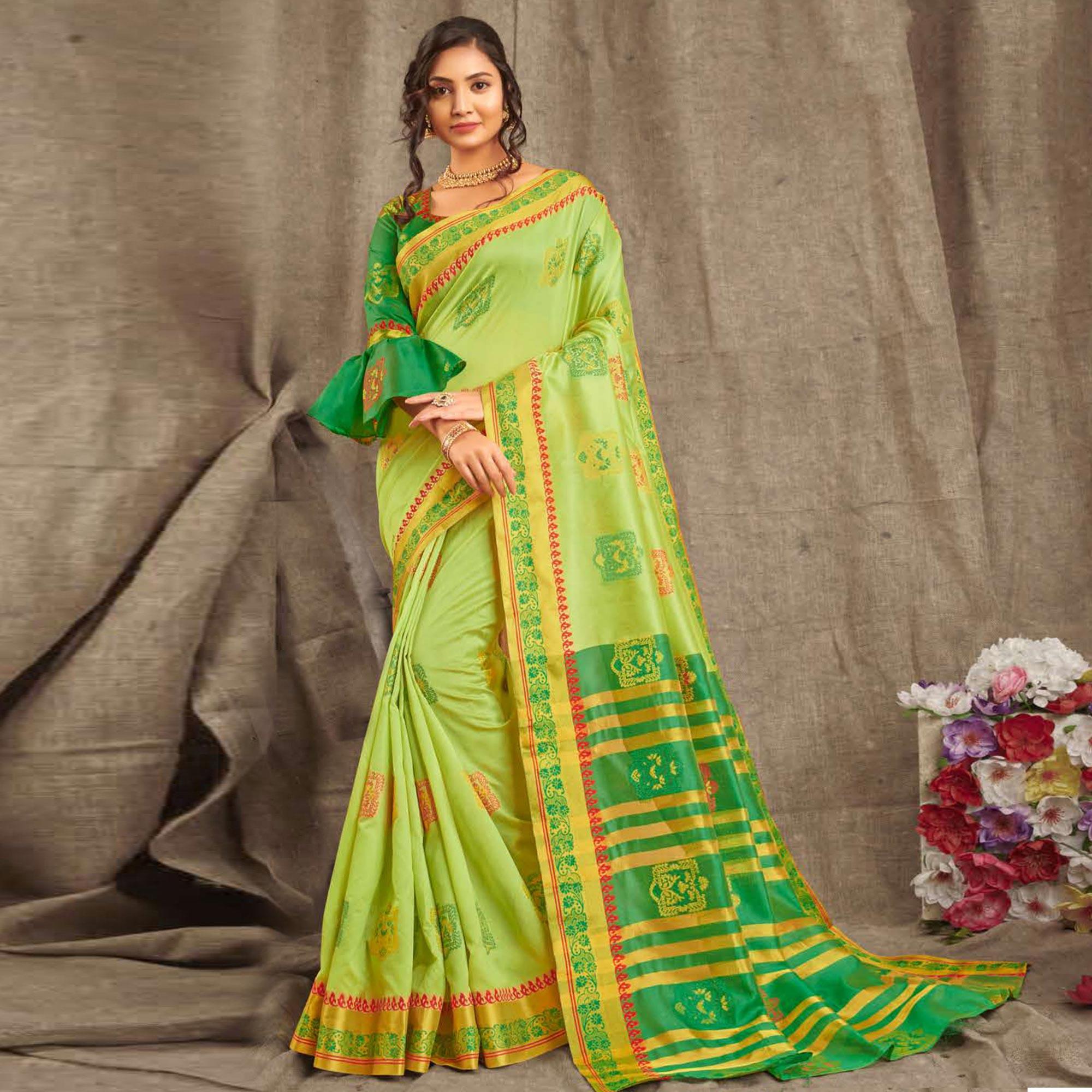 Peachmode Captivating Pista Green Colored Festive Wear Woven Cotton Handloom Saree