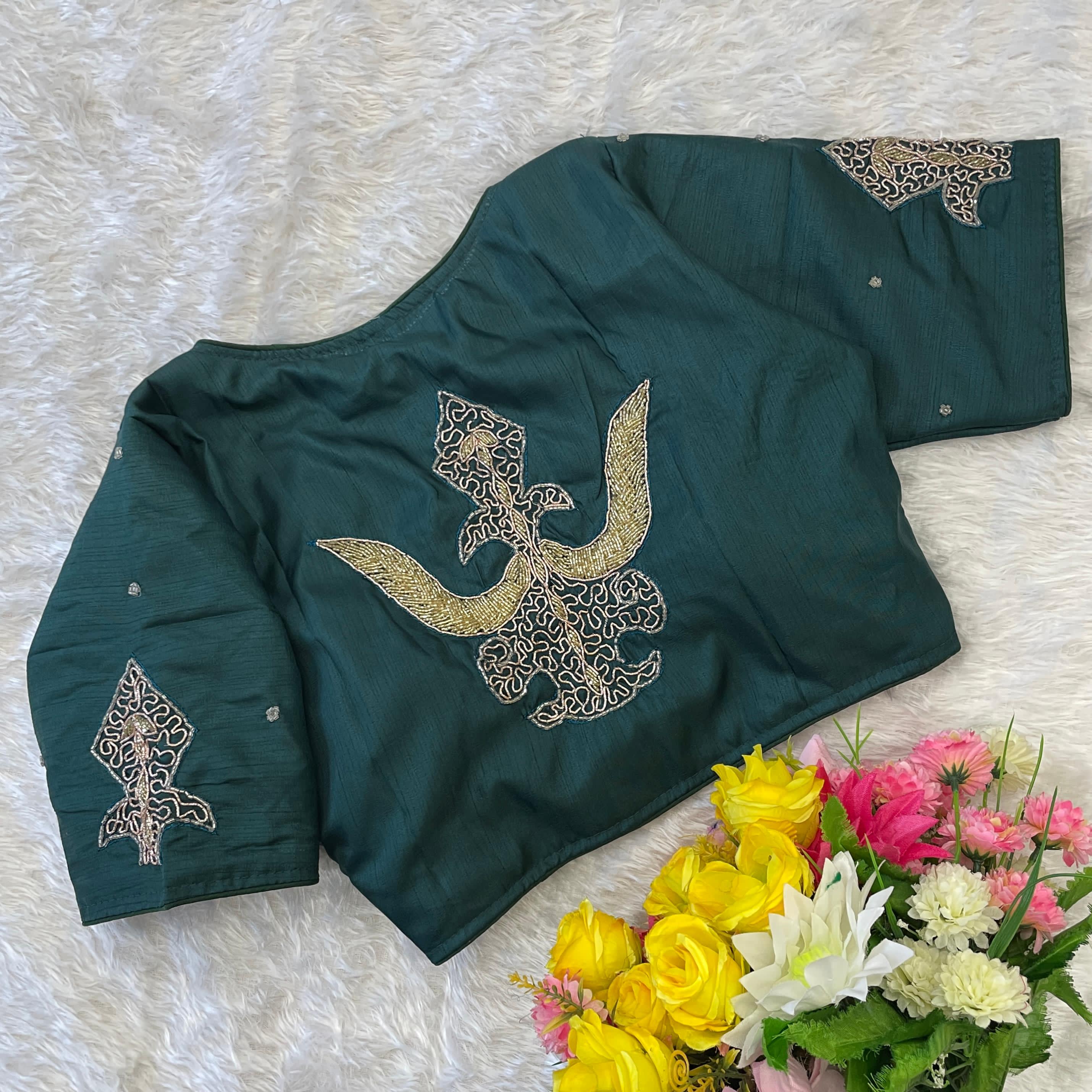 ClothsVilla Green Handcrafted Muskan Silk Blouse with Designer Collar and Handwork