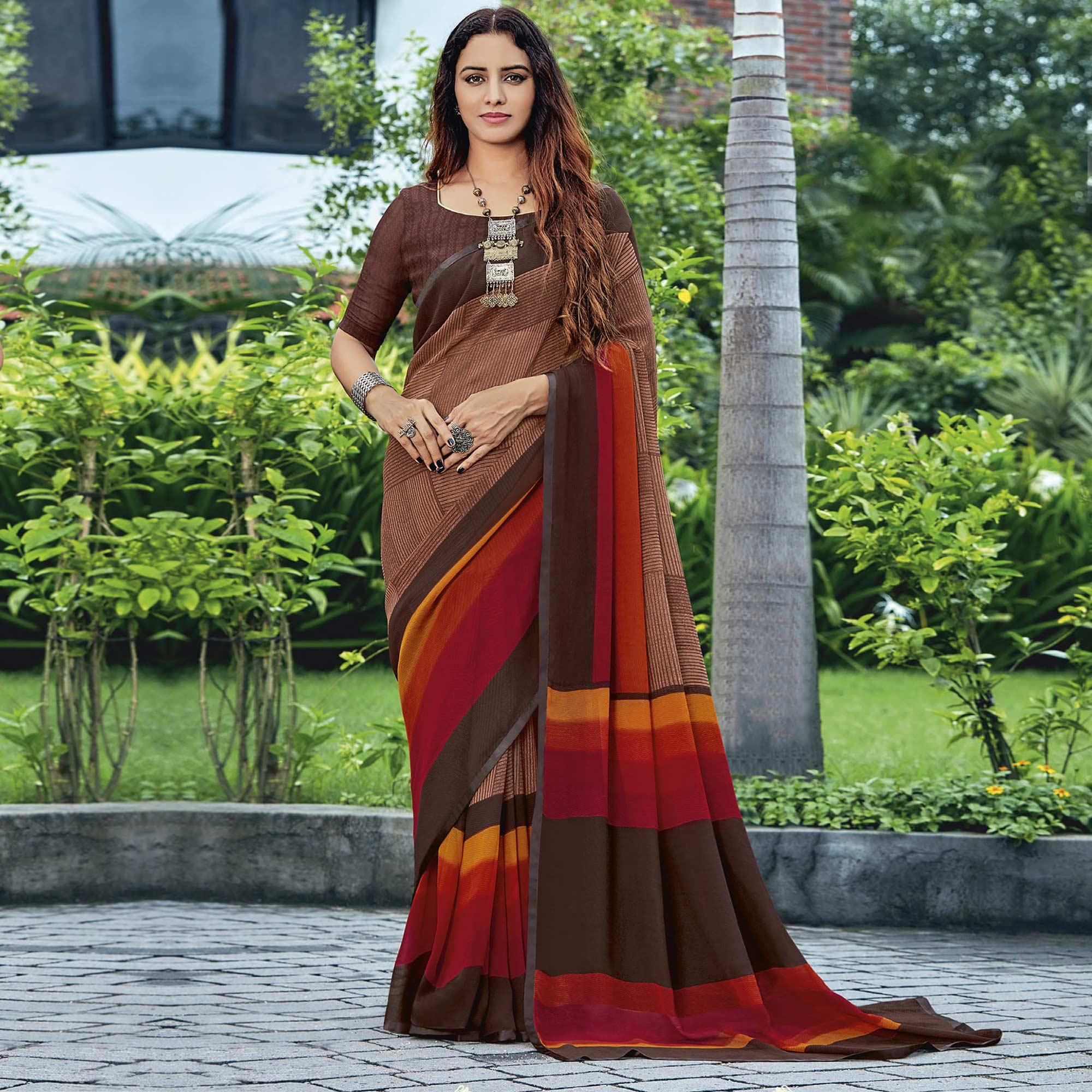 Peachmode Brown & Red Casual Wear Striped Printed Georgette Saree