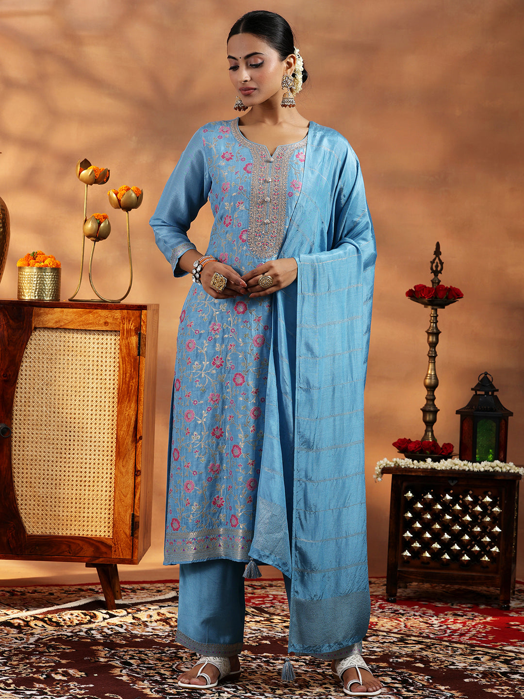 Libas Blue Woven Design Silk Blend Straight Suit With Dupatta - view 4