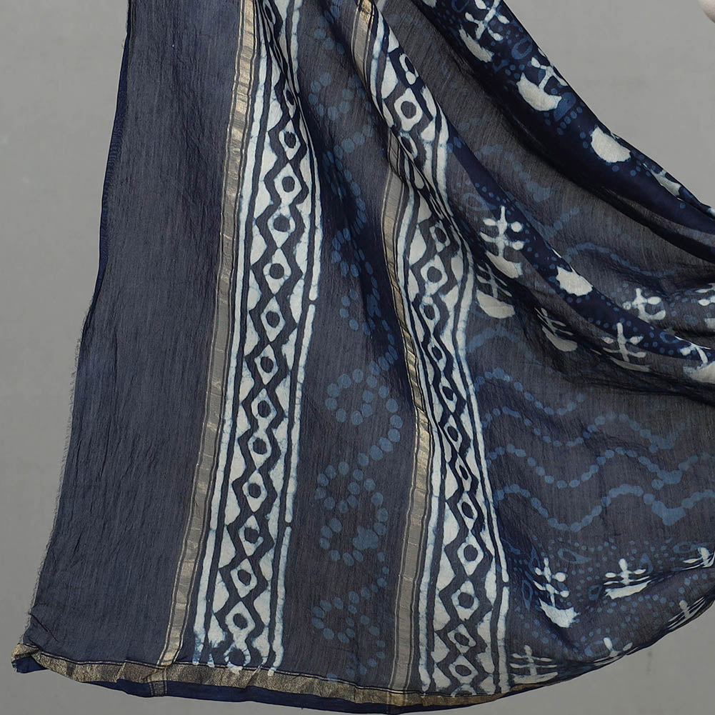 ARTISAN HAND BLOCK PRINTS Blue - 3pc Chanderi Silk Indigo Bagru Print Dress Material 03 - view 4