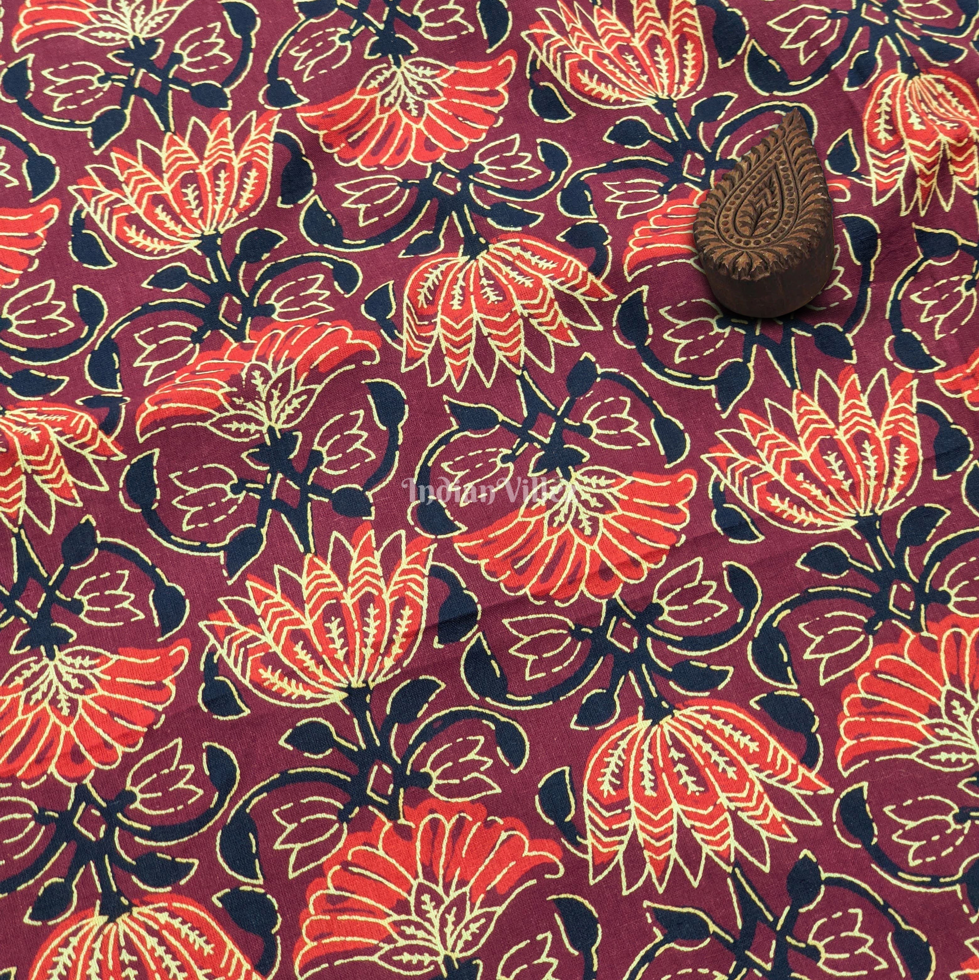 IndianVillèz Violet Multicolored Floral Hand Block Printed Cotton Fabric