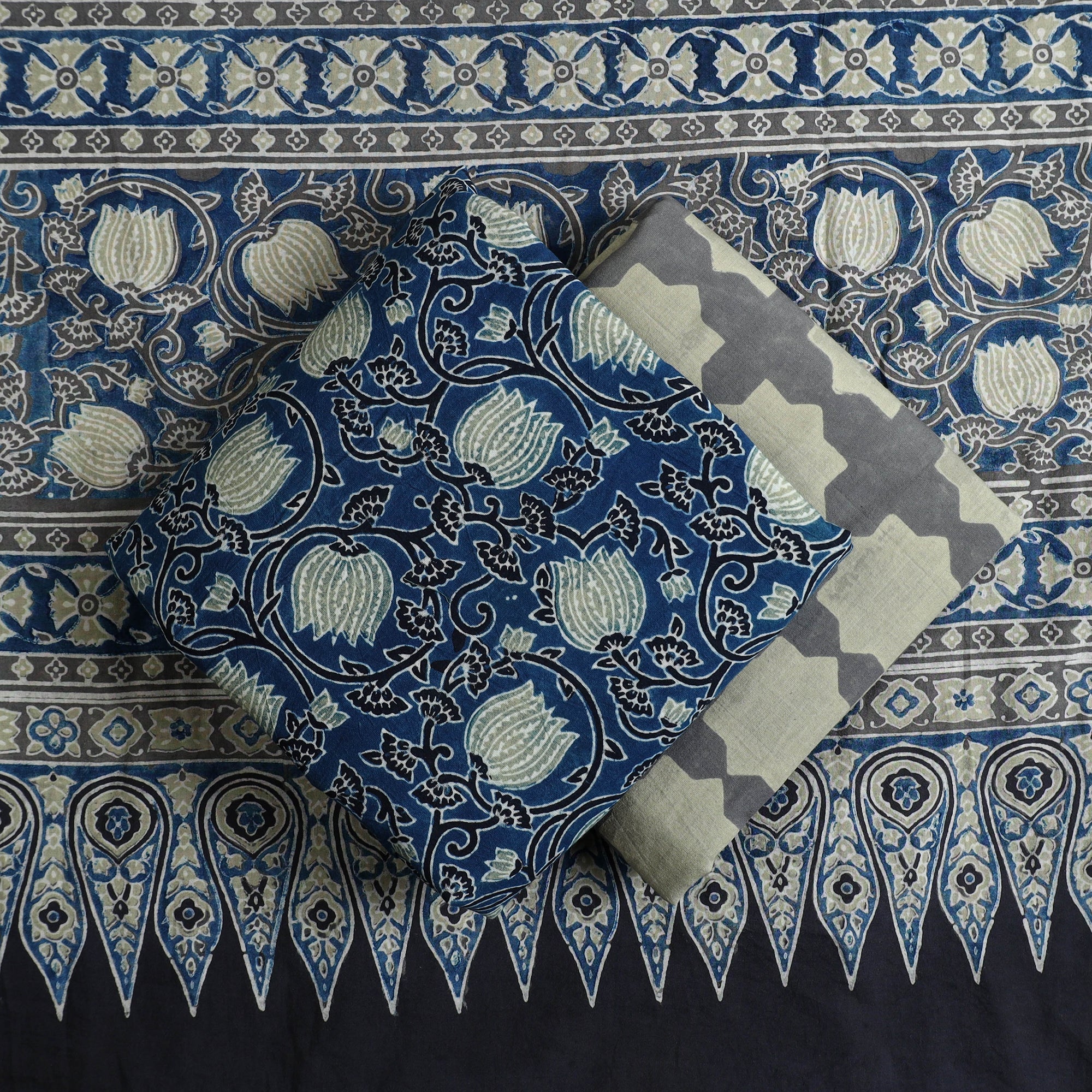 AJRAKH BY SUFIYAN ISMAIL KHATRI Blue - Hand Block Print Cotton 3pc Ajrakh Dress Material 16 - view 2