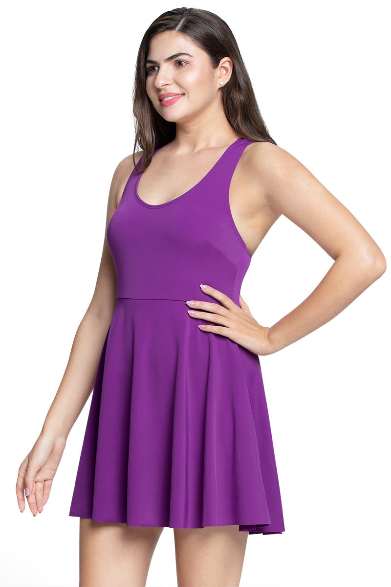 Amante Round Neck Padded Swim Dress - Grape Glow - view 3