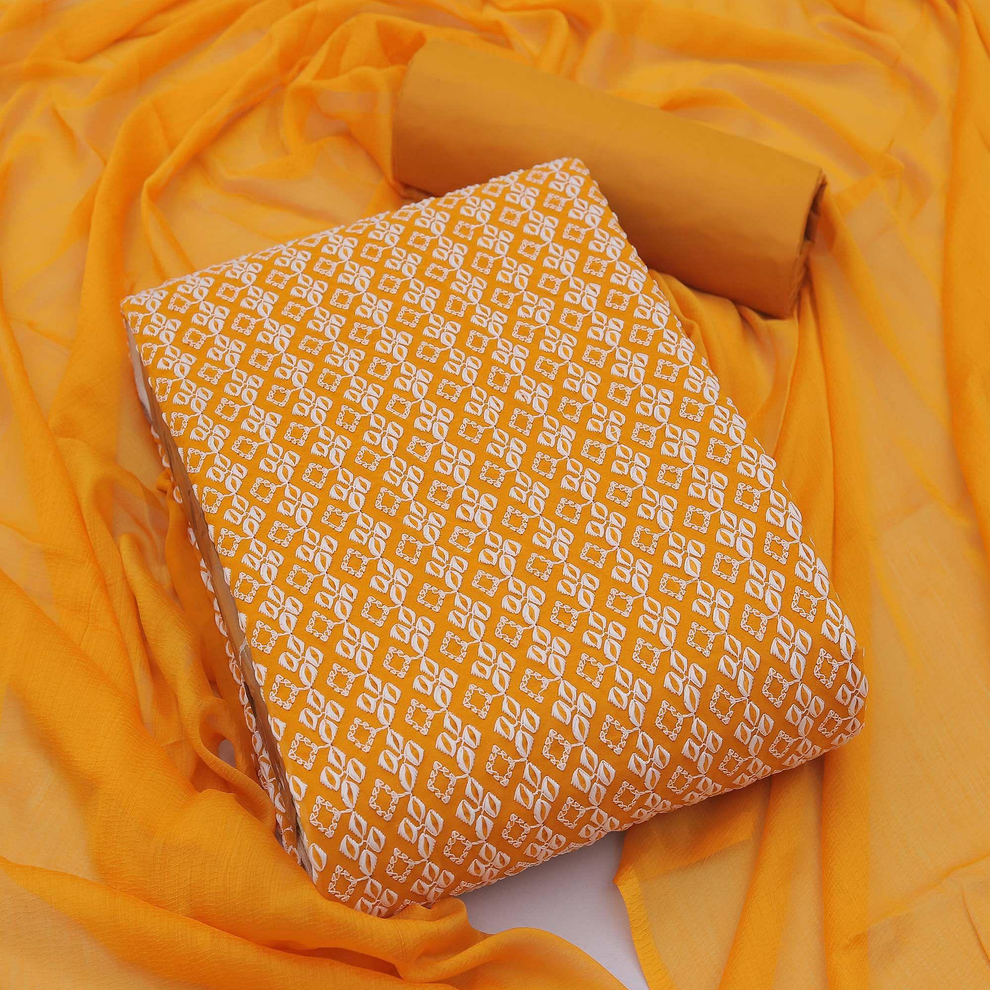 Peachmode Dark Yellow Casual Wear Embroidered Georgette Dress Material