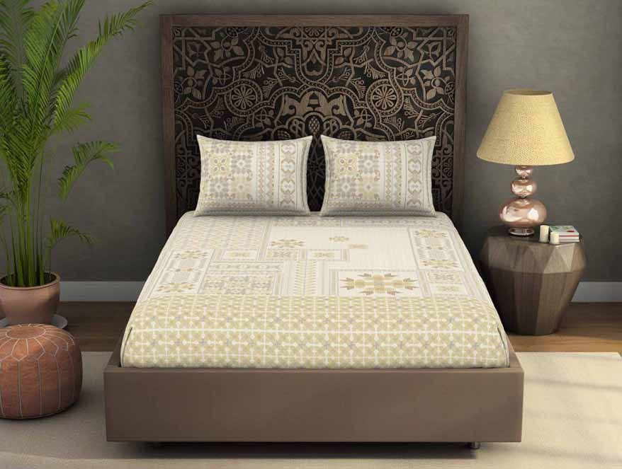 Spaces India Geometric Beige 100% Cotton King Size Bedsheet Rangana Digital - By Spaces